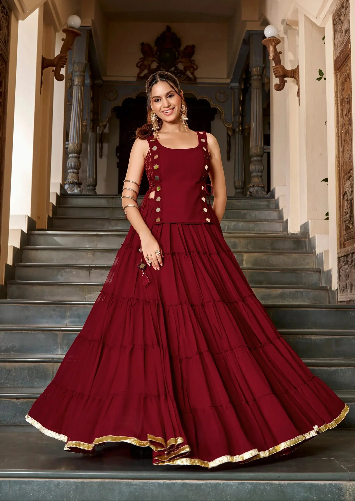 14 Meter Flair | Red Lightweight Navratri Lehenga With Mirror Work Koti