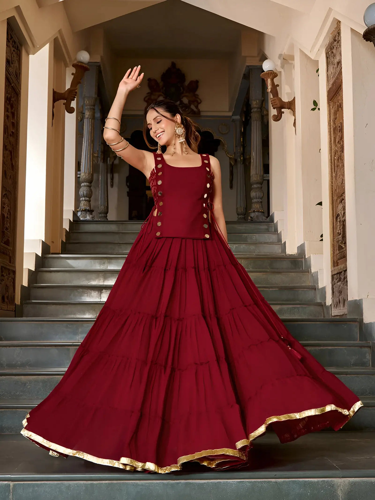 14 Meter Flair | Red Lightweight Navratri Lehenga With Mirror Work Koti