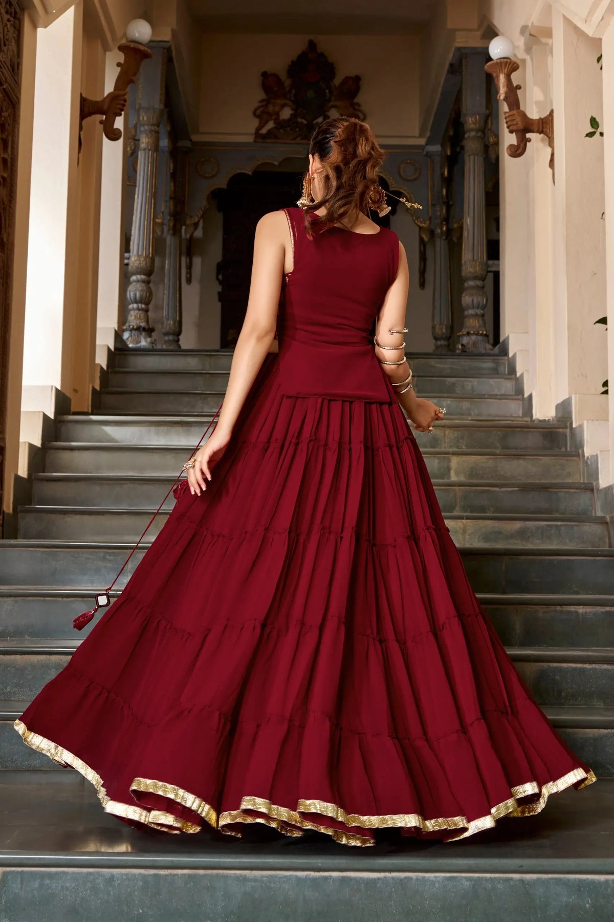 14 Meter Flair | Red Lightweight Navratri Lehenga With Mirror Work Koti