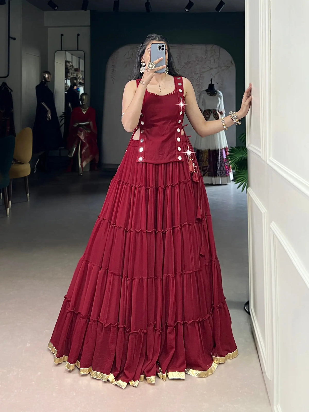 14 Meter Flair | Red Lightweight Navratri Lehenga With Mirror Work Koti