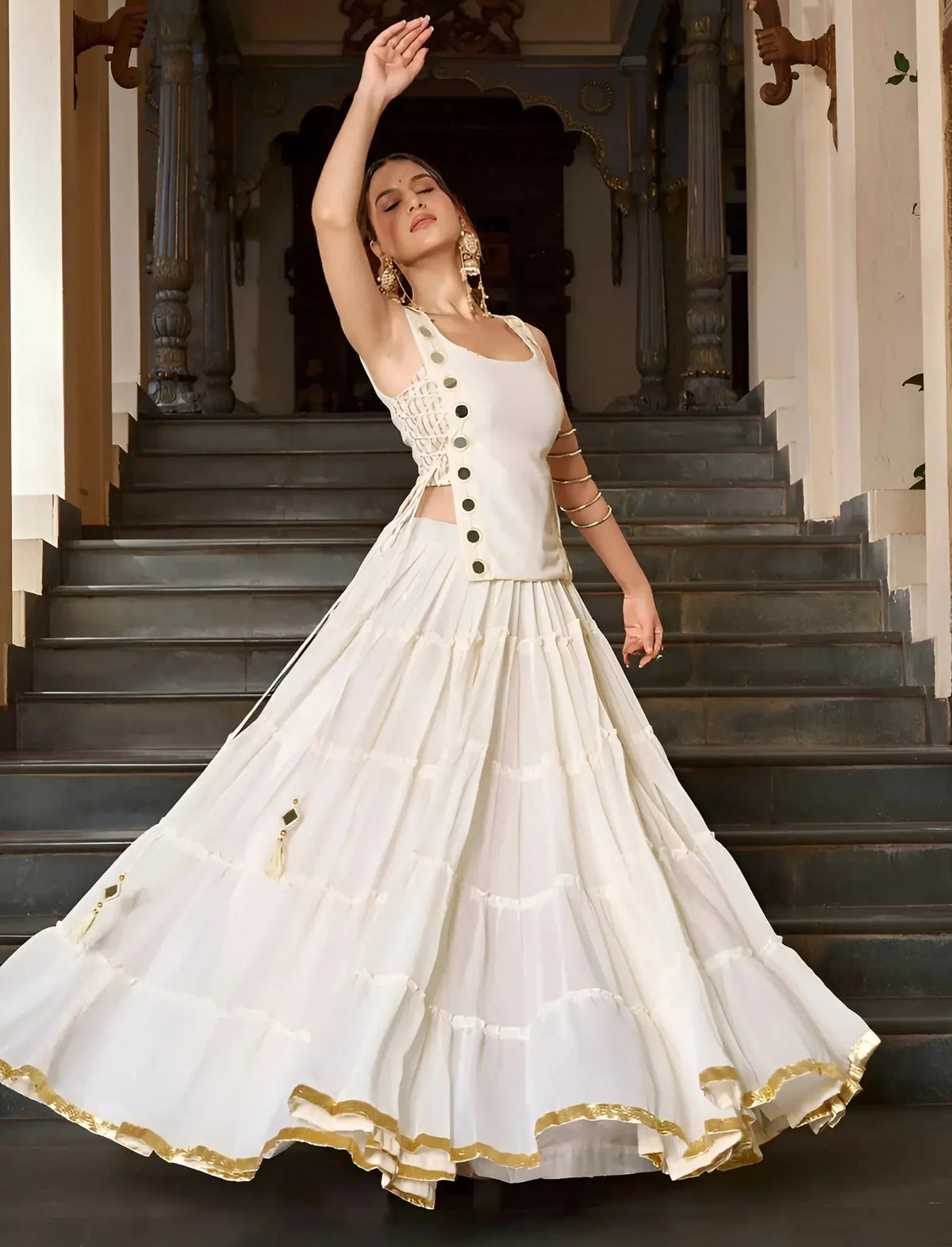 14 Meter Flair | White Lightweight Navratri Lehenga With Mirror Work Koti
