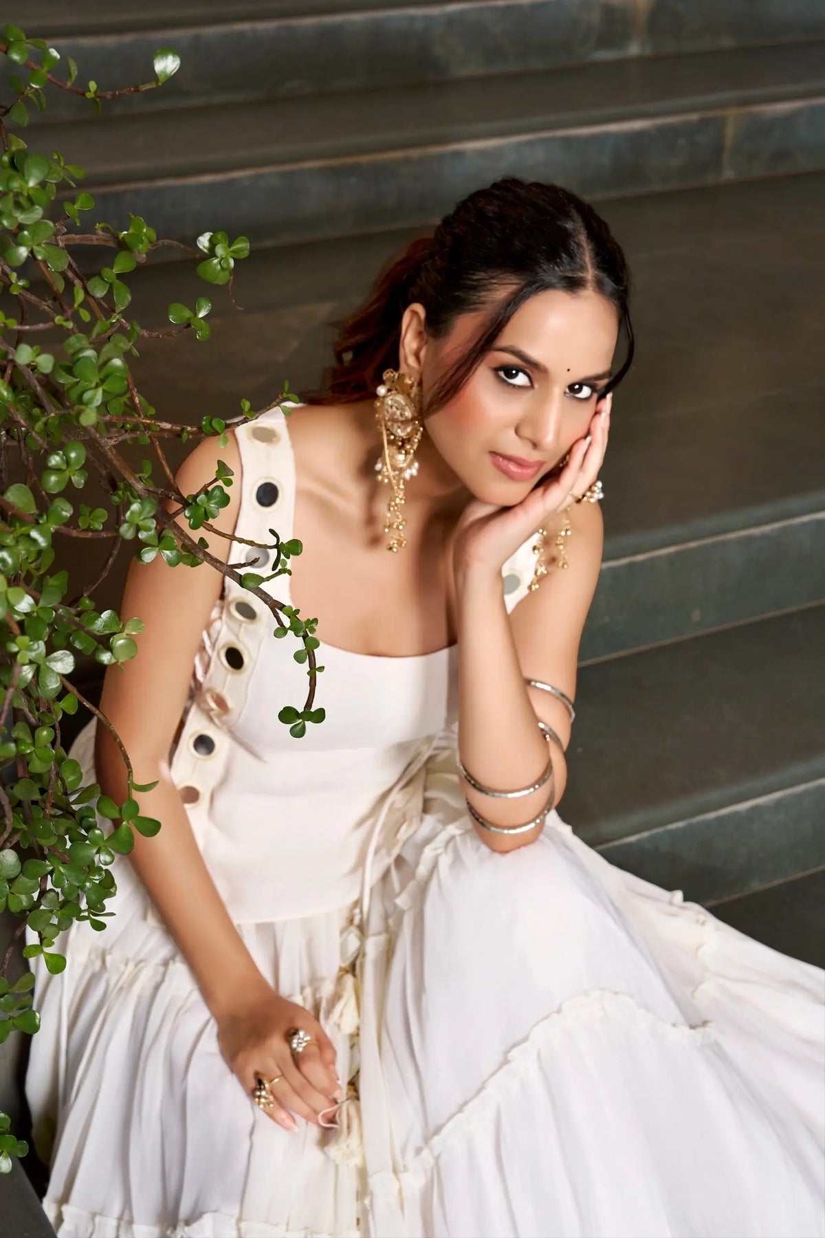14 Meter Flair | White Lightweight Navratri Lehenga With Mirror Work Koti