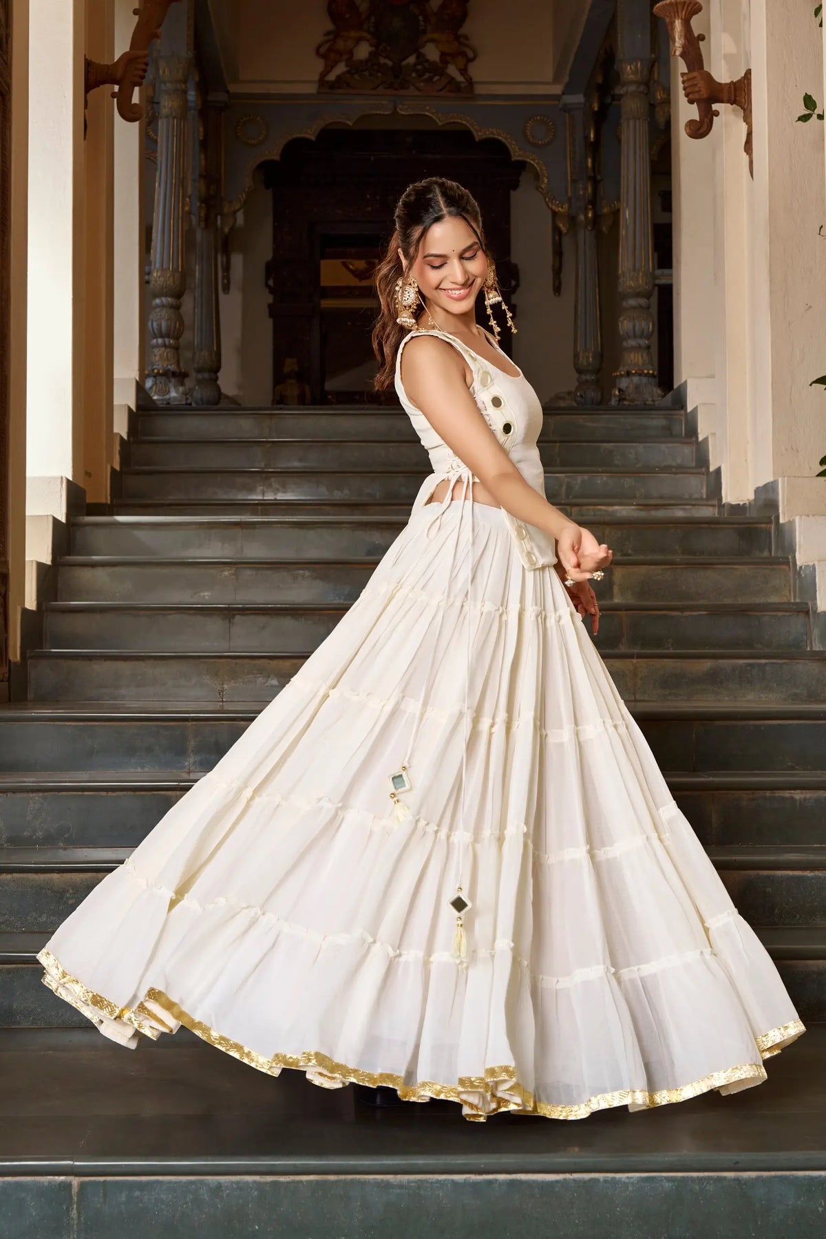 14 Meter Flair | White Lightweight Navratri Lehenga With Mirror Work Koti