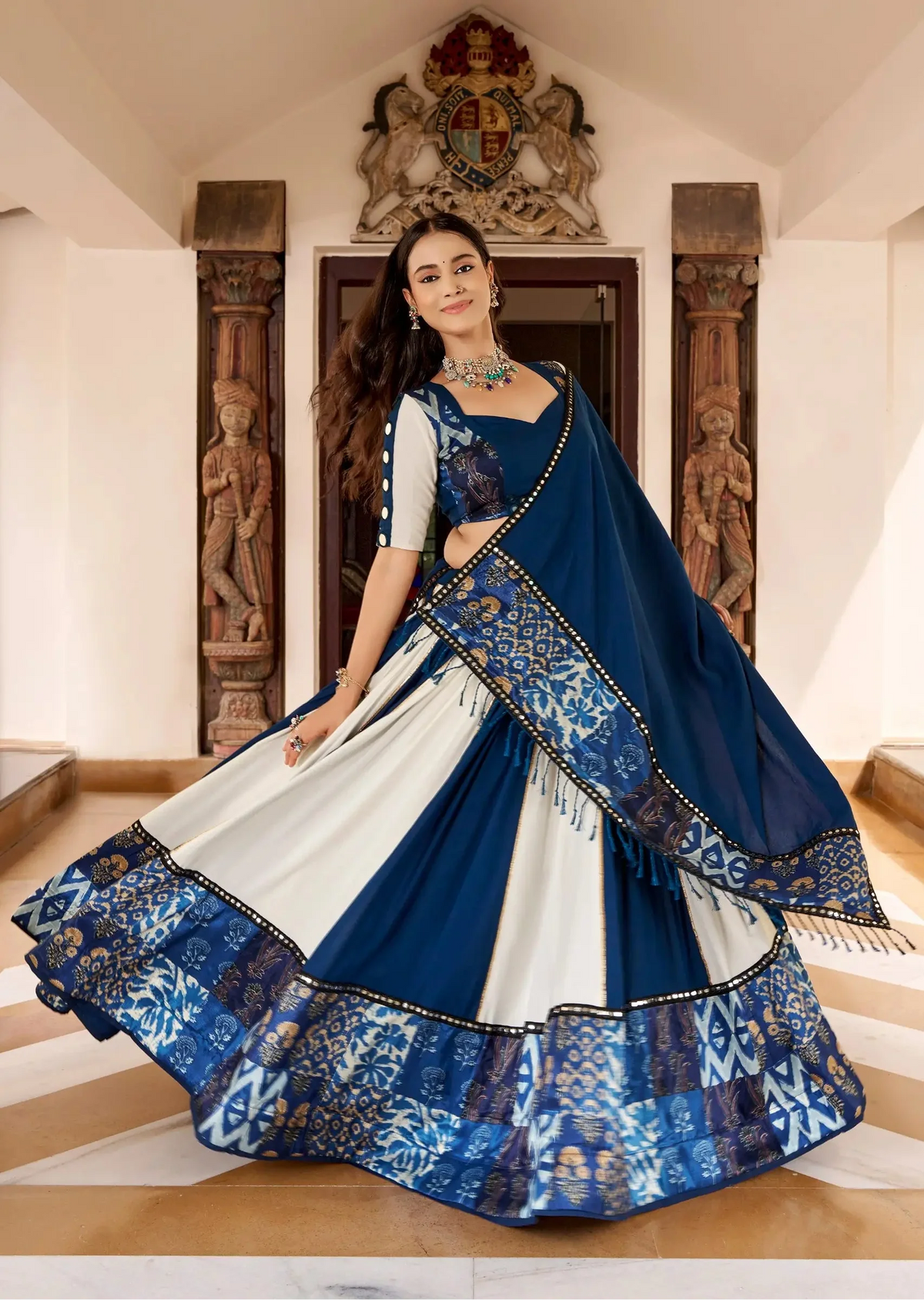 6 Meter Flair | Blue-White Navratri Lehenga Choli With Mirror Work