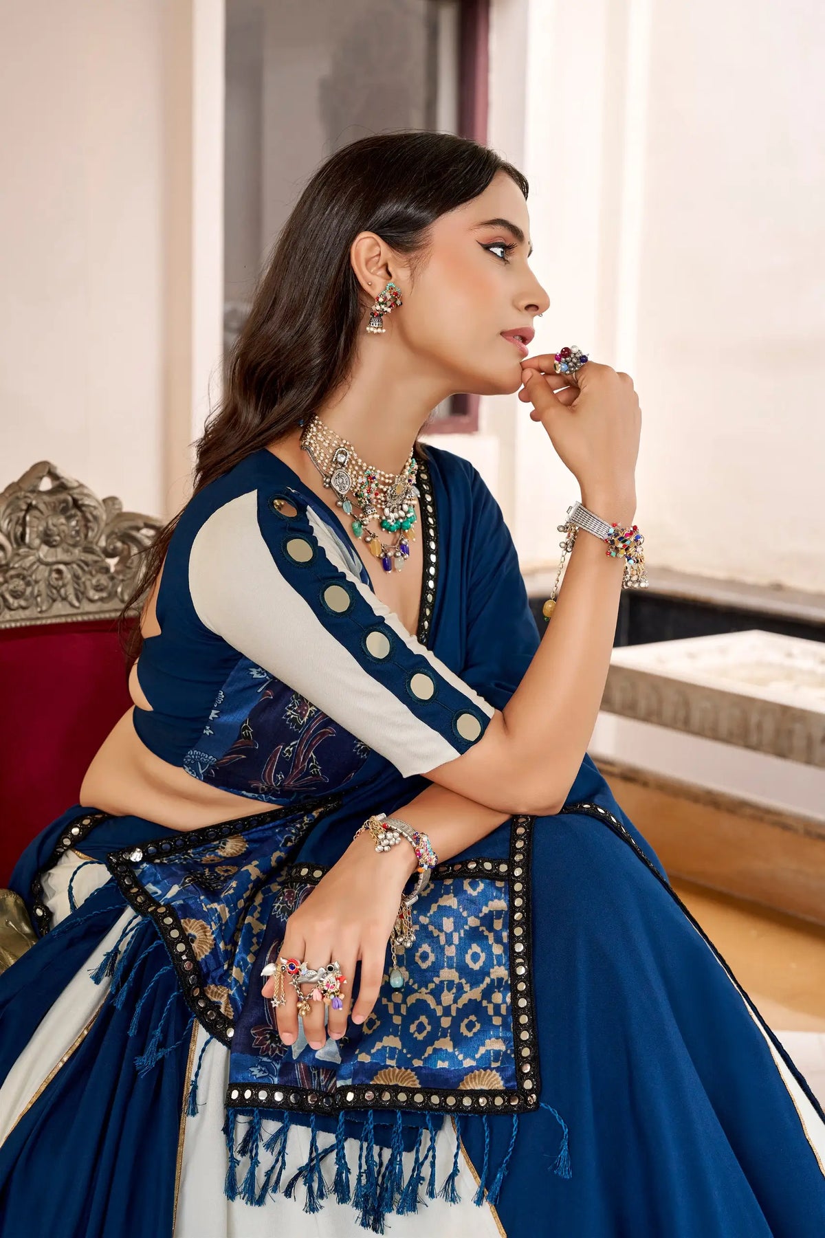 6 Meter Flair | Blue-White Navratri Lehenga Choli With Mirror Work