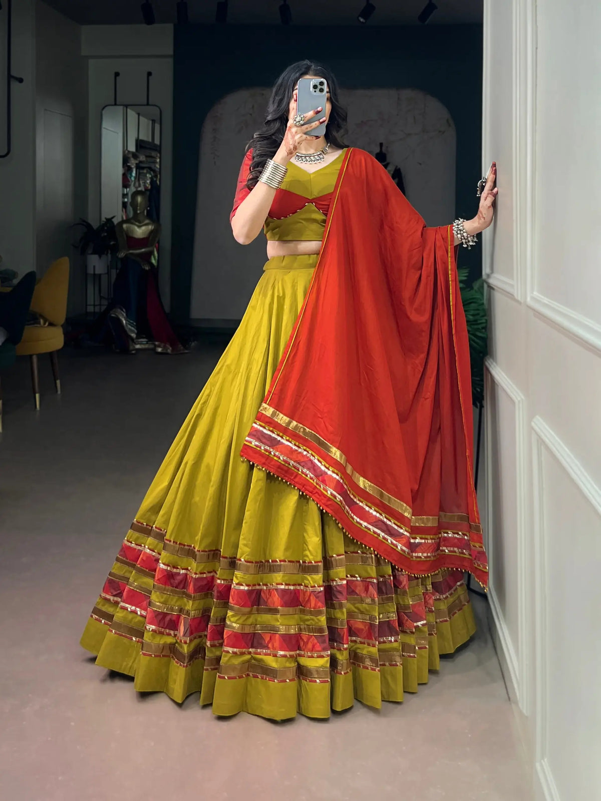 Olive Yellow Navratri Lehenga With Lace Touch Up