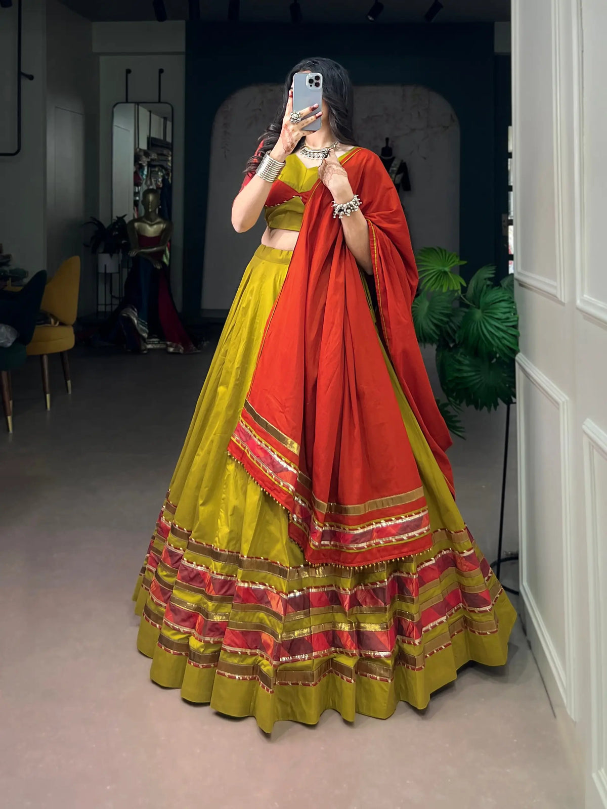 Olive Yellow Navratri Lehenga With Lace Touch Up