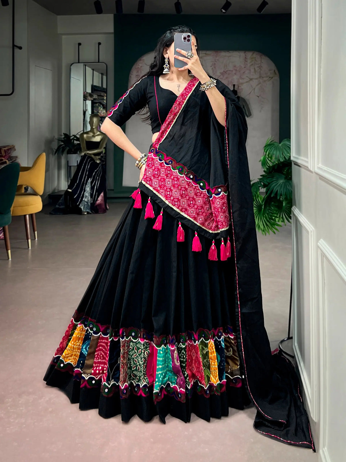 6 Meter Flair | Black Navratri Chaniya Choli With Patch & Gamthi Work