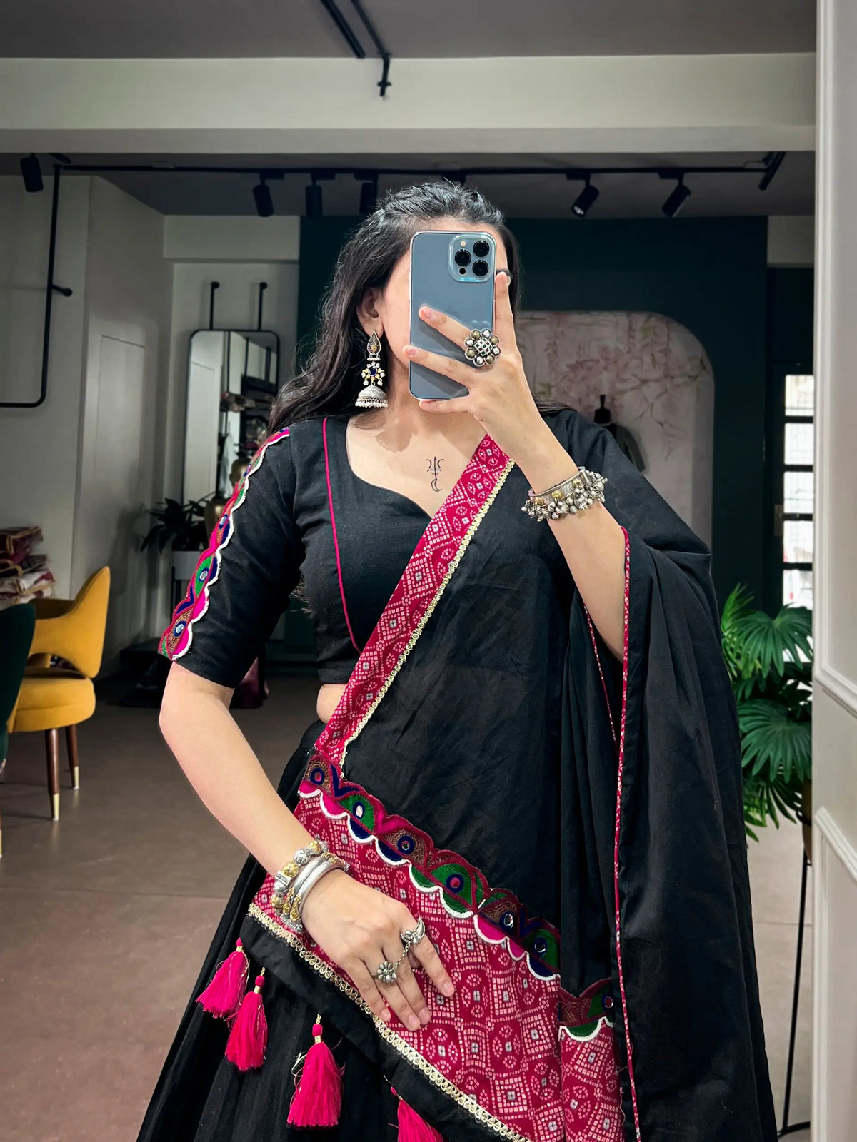 6 Meter Flair | Black Navratri Chaniya Choli With Patch & Gamthi Work
