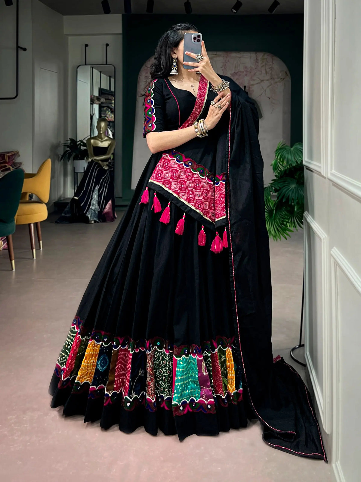 6 Meter Flair | Black Navratri Chaniya Choli With Patch & Gamthi Work