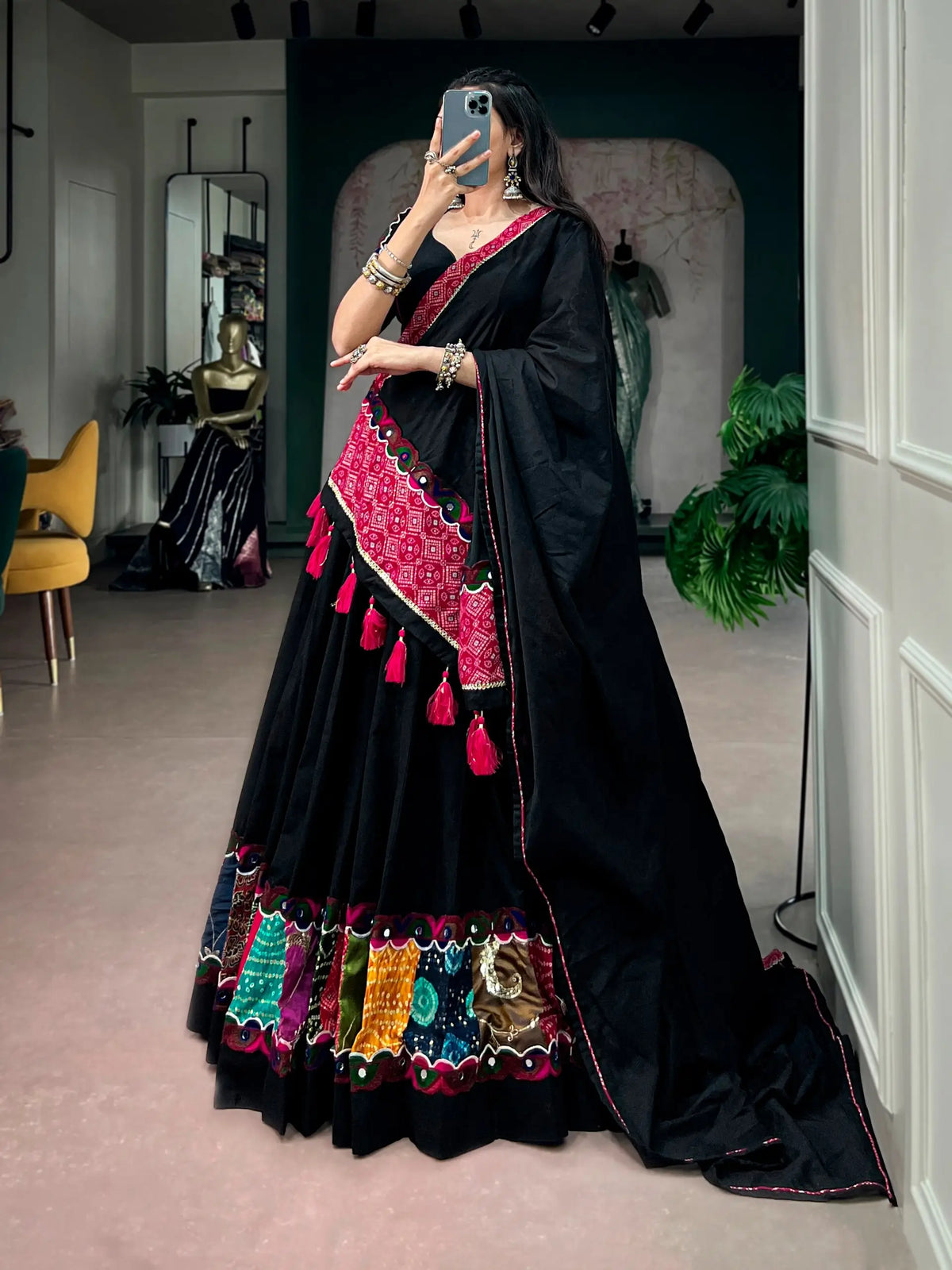 6 Meter Flair | Black Navratri Chaniya Choli With Patch & Gamthi Work