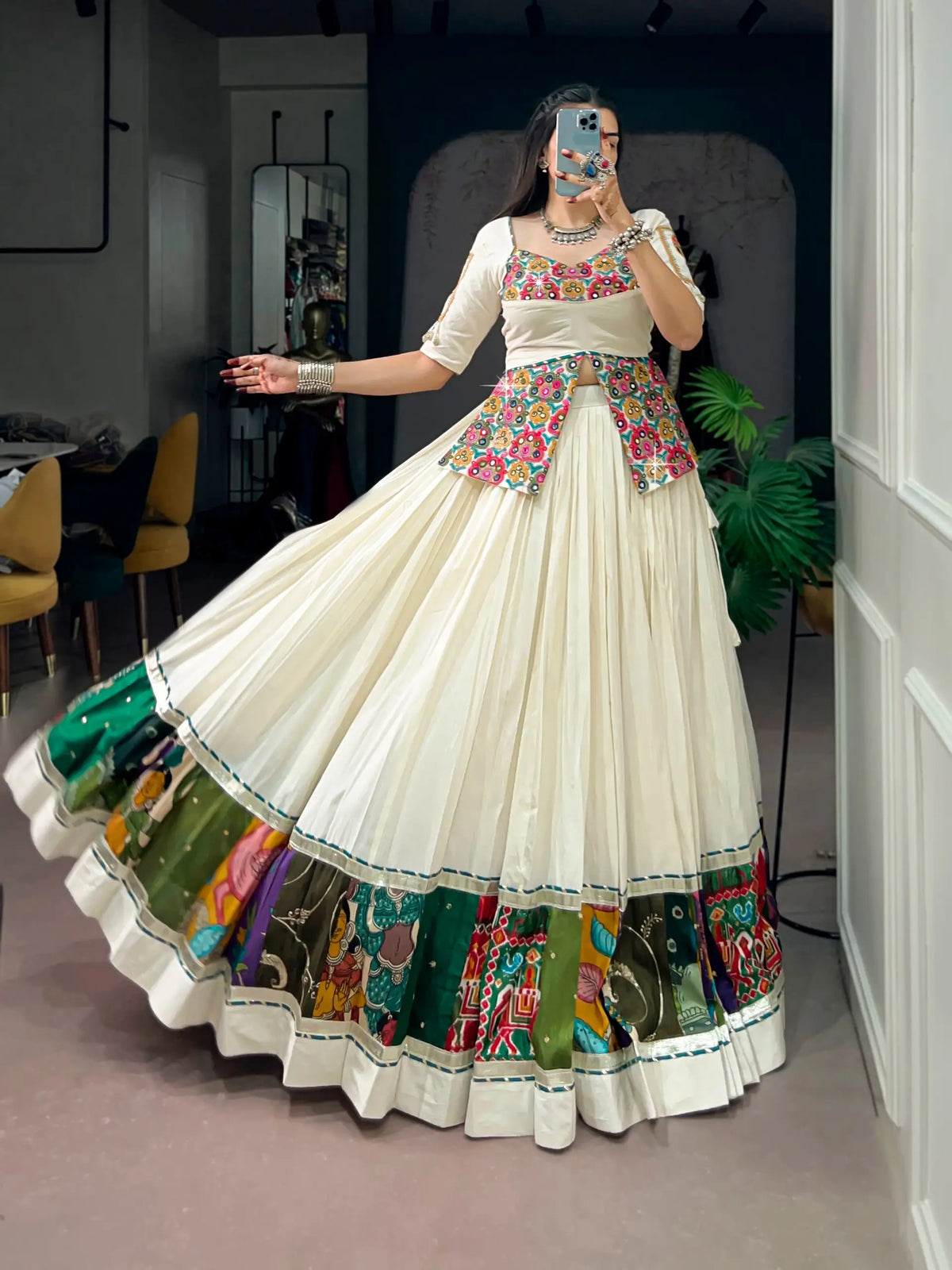 Off White Garba Chaniya Choli With Gamthi Work Blouse