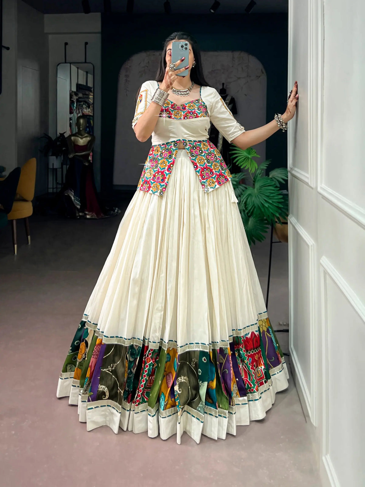Off White Garba Chaniya Choli With Gamthi Work Blouse