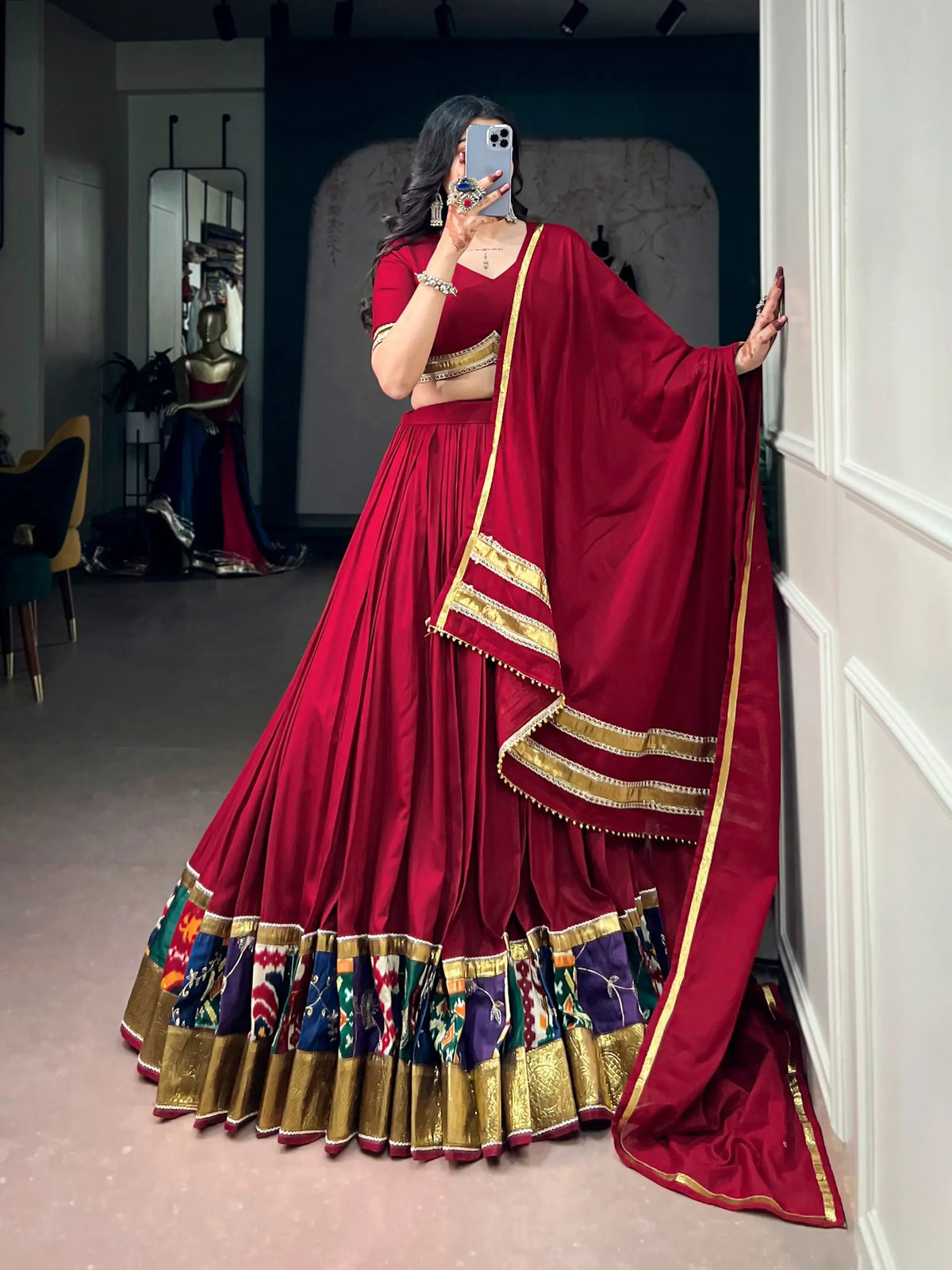 Maroon Rayon Garba Chaniya Choli With Lace Touch Up