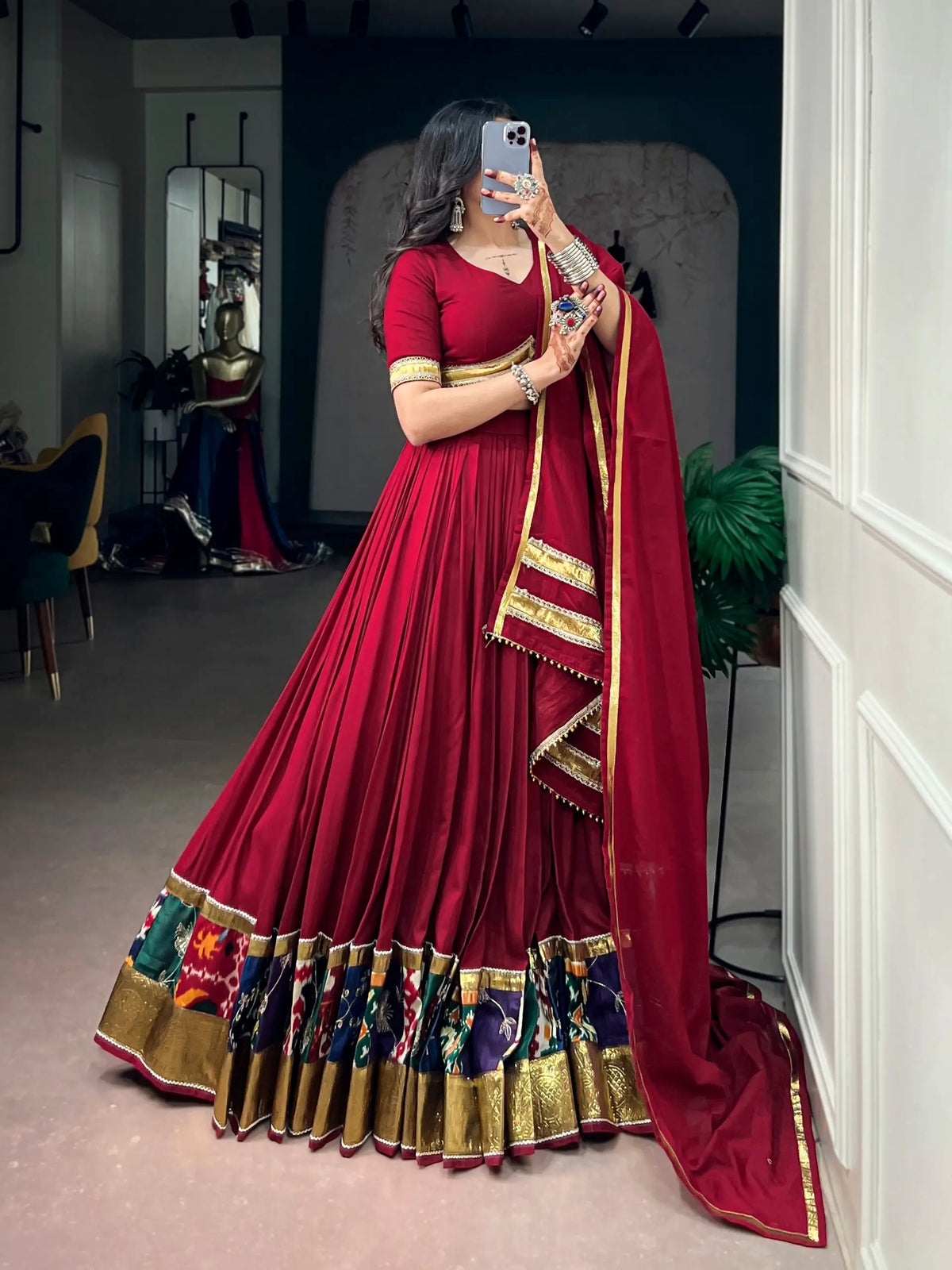Maroon Rayon Garba Chaniya Choli With Lace Touch Up