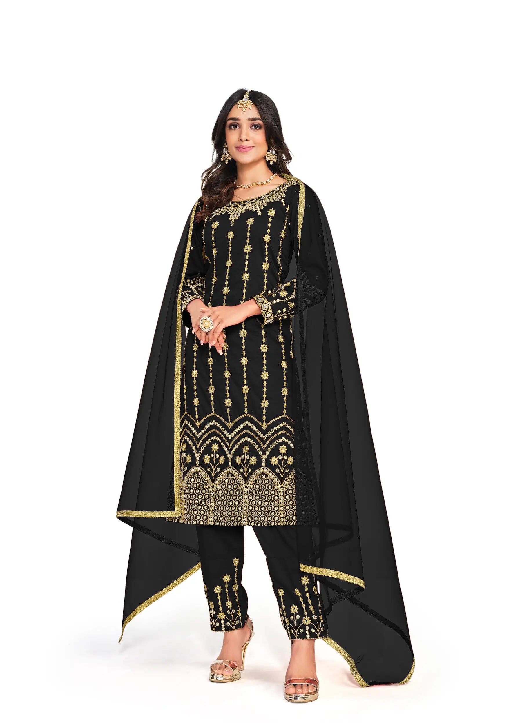 Black Bitalian Soft Silk Embroidery & Mirror Work Salwar Suit - qivii