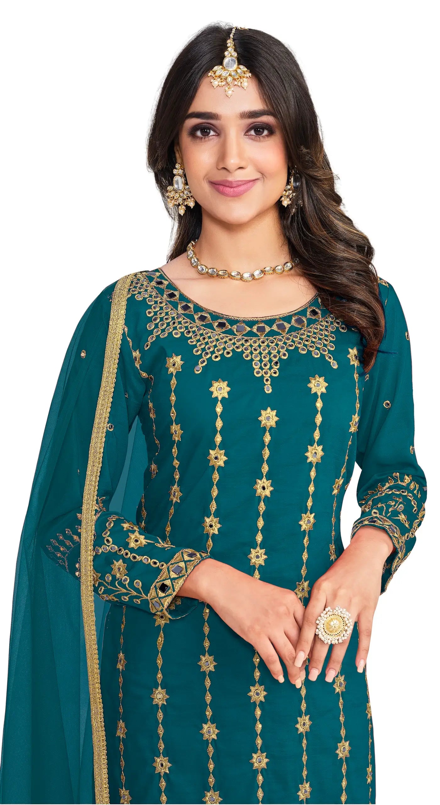 Teal Blue Bitalian Soft Silk Embroidery & Mirror Work Salwar Suit - qivii