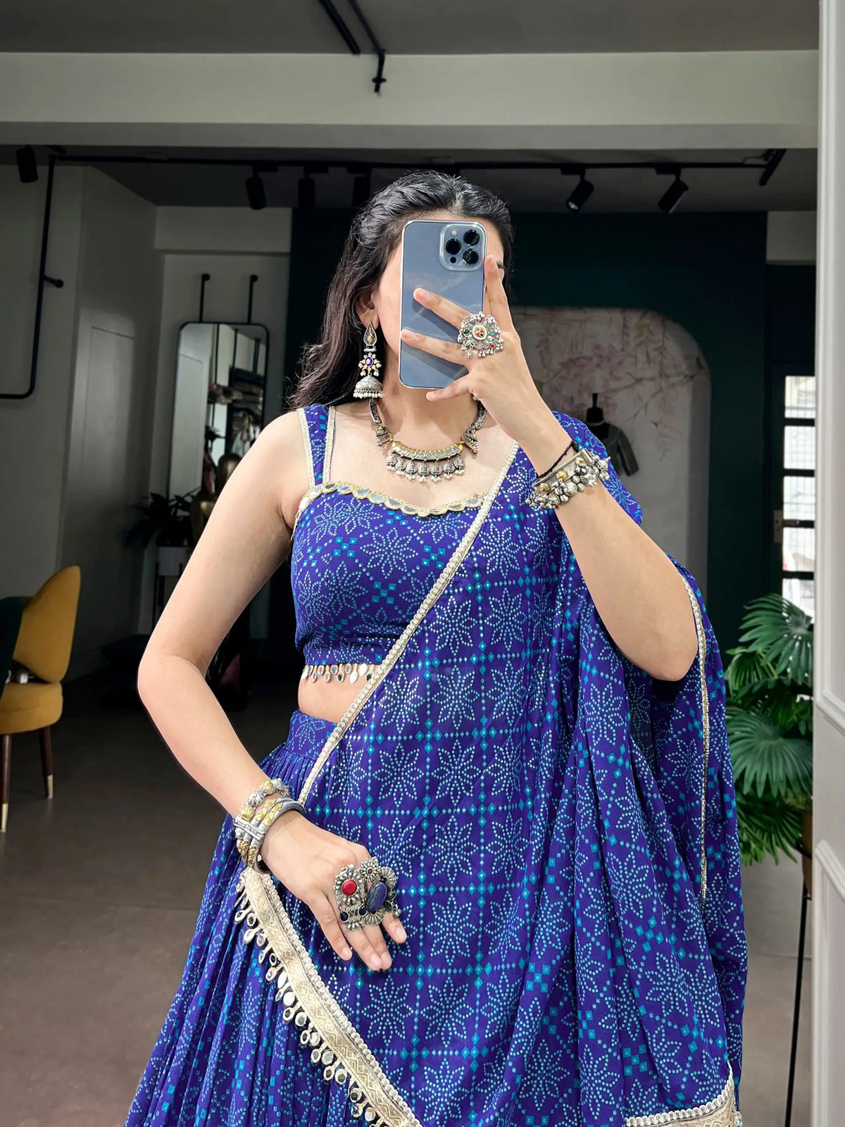 8 Meter Flair | Royal Blue Bandhej Foil Print Navratri Lehenga