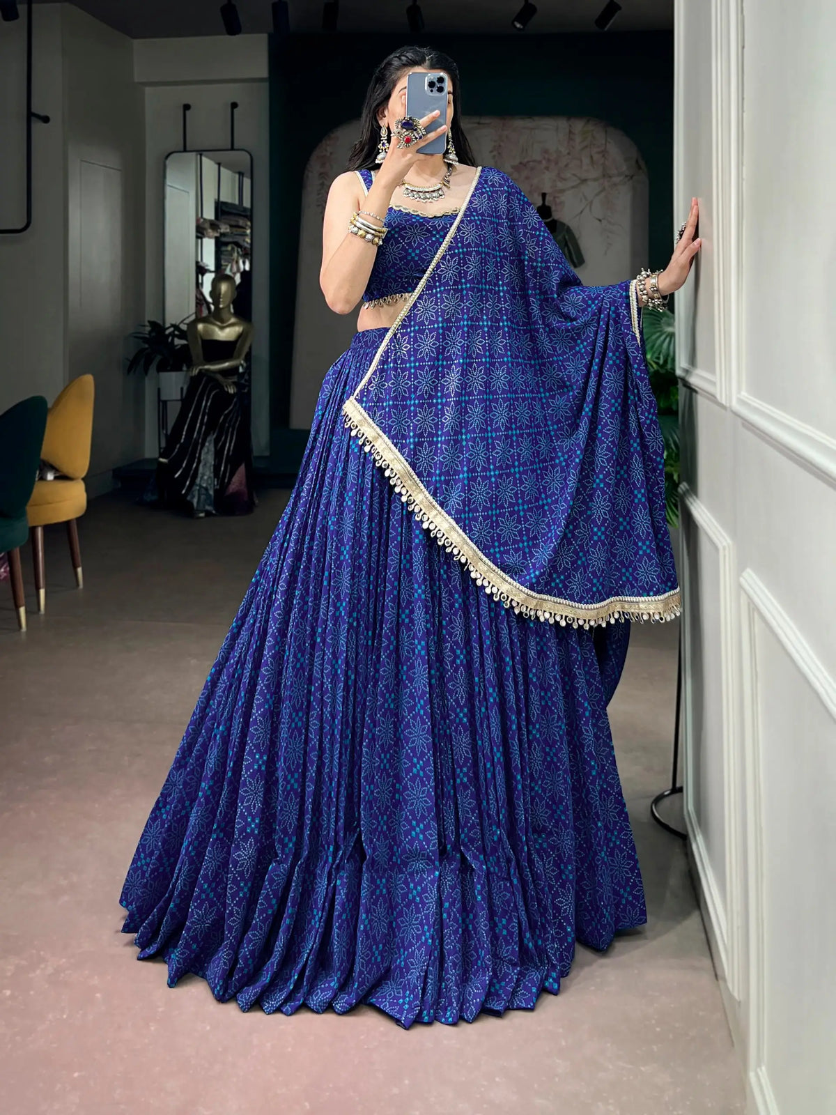 8 Meter Flair | Royal Blue Bandhej Foil Print Navratri Lehenga