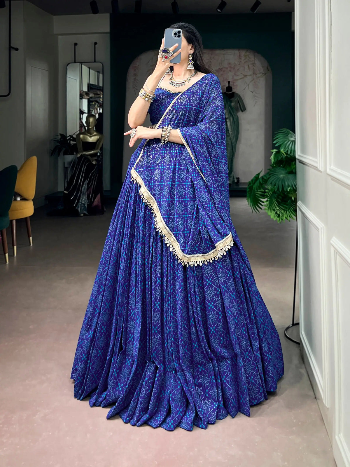 8 Meter Flair | Royal Blue Bandhej Foil Print Navratri Lehenga