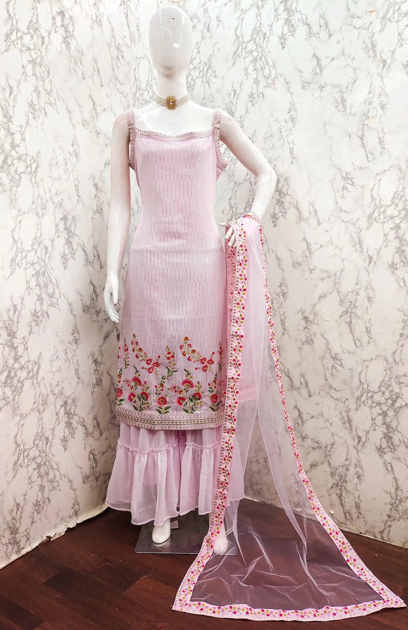 Light Pink Georgette Sequence Embroidery Work Salwar Suit - qivii