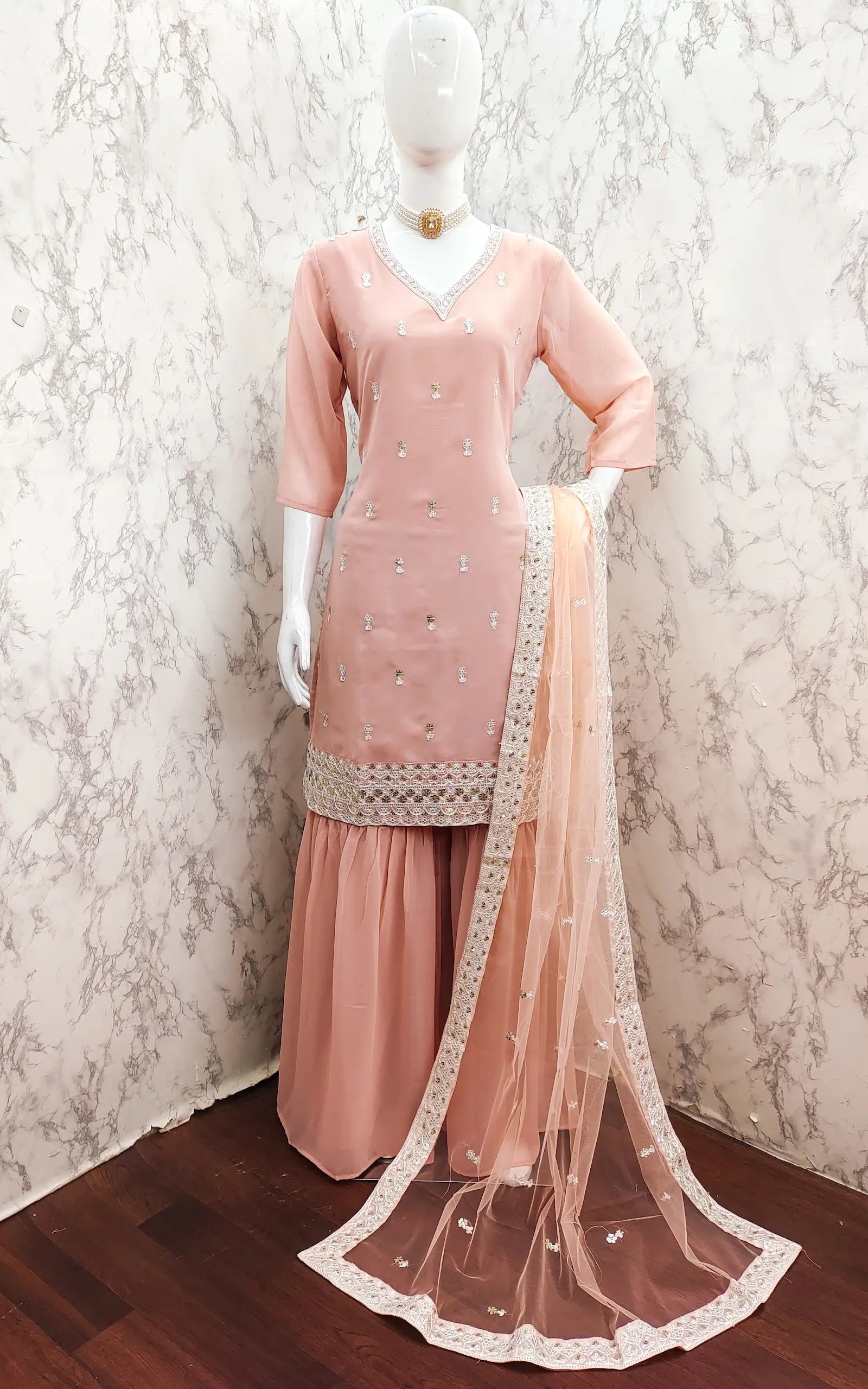Peach Georgette Salwar Suit With Sequence Embroidery Work - qivii