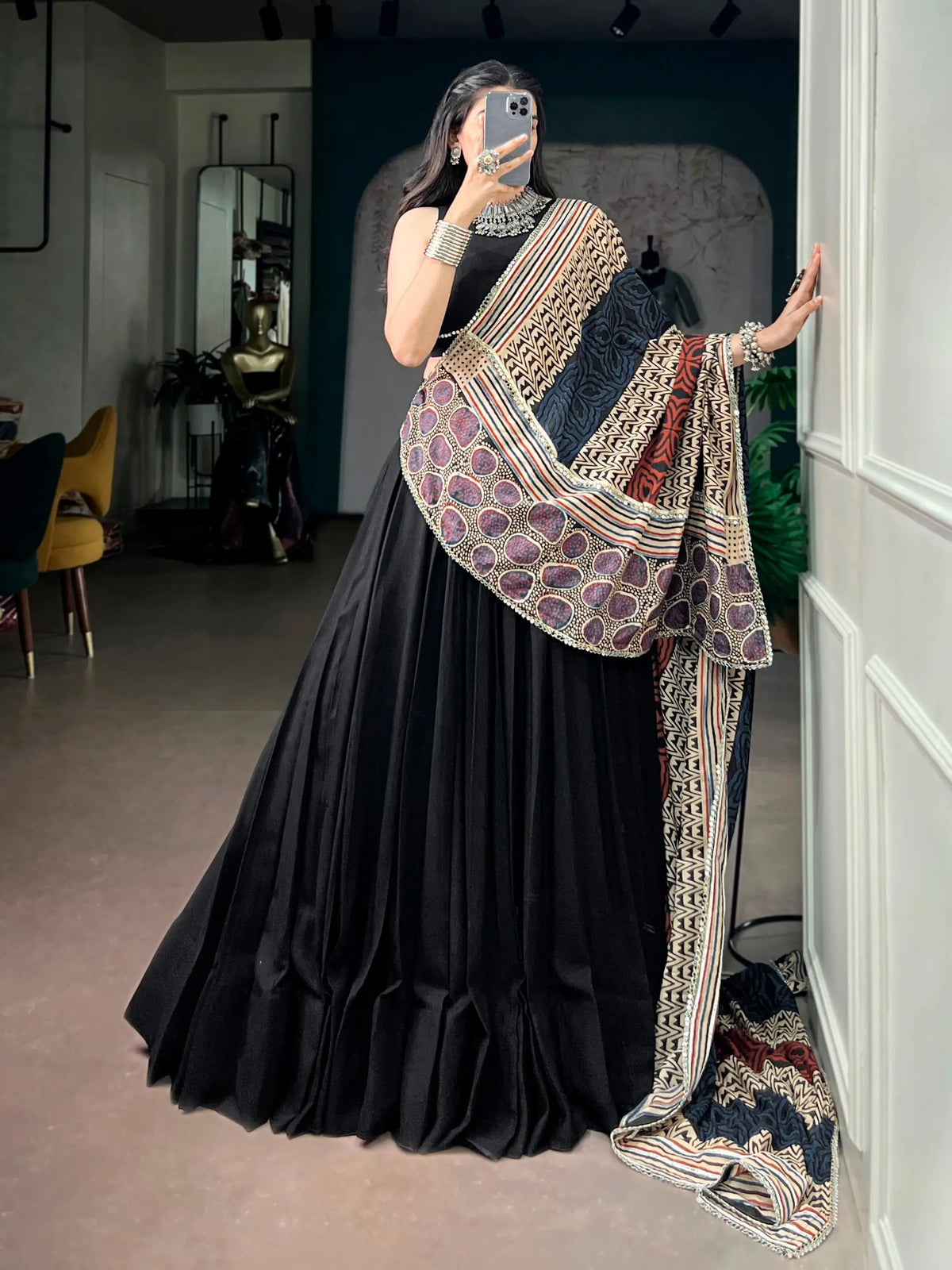 6 Meter Flair | Black Garba Chaniya Choli With Printed Dupatta
