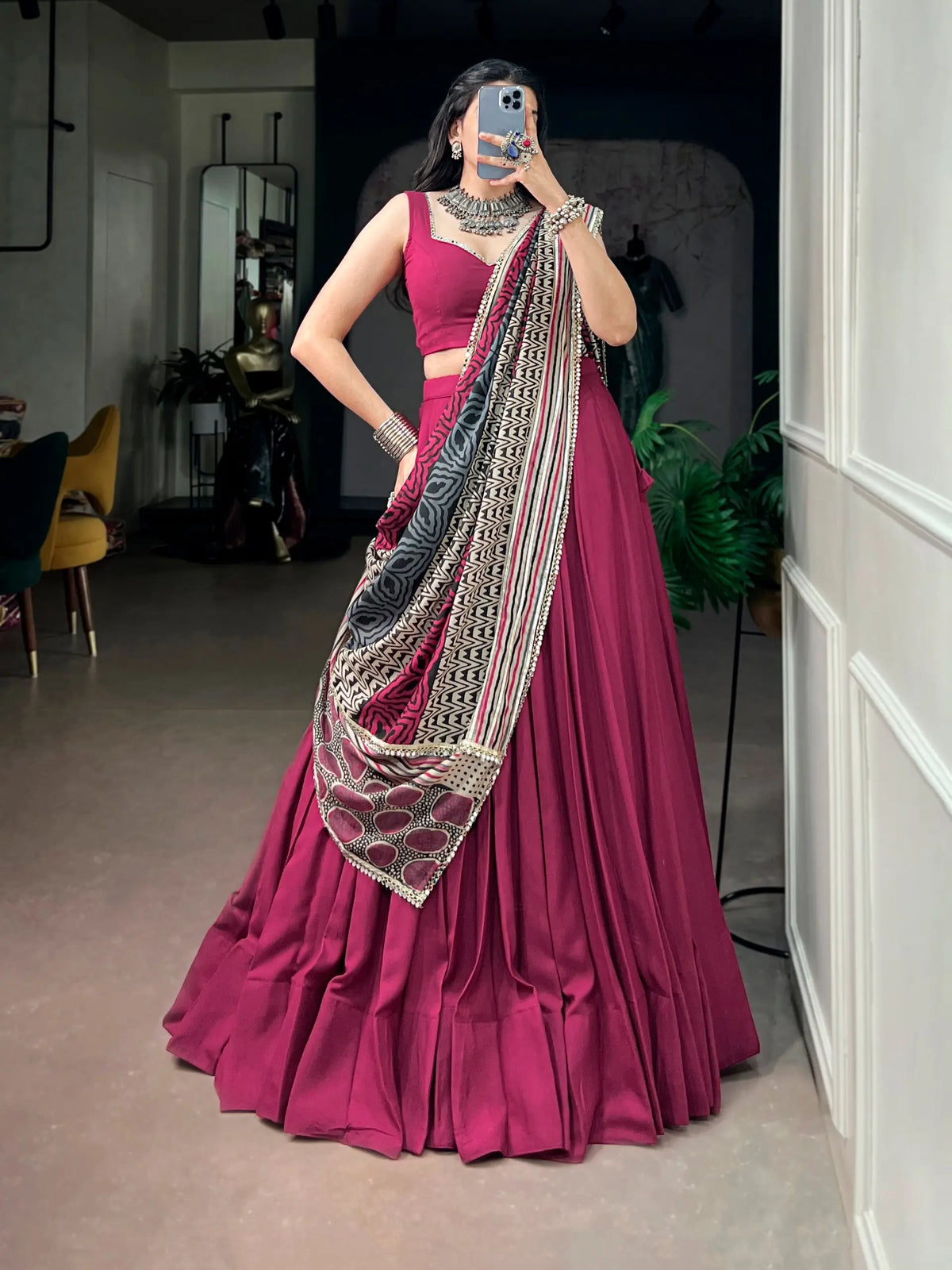 6 Meter Flair | Pink Garba Chaniya Choli With Printed Dupatta