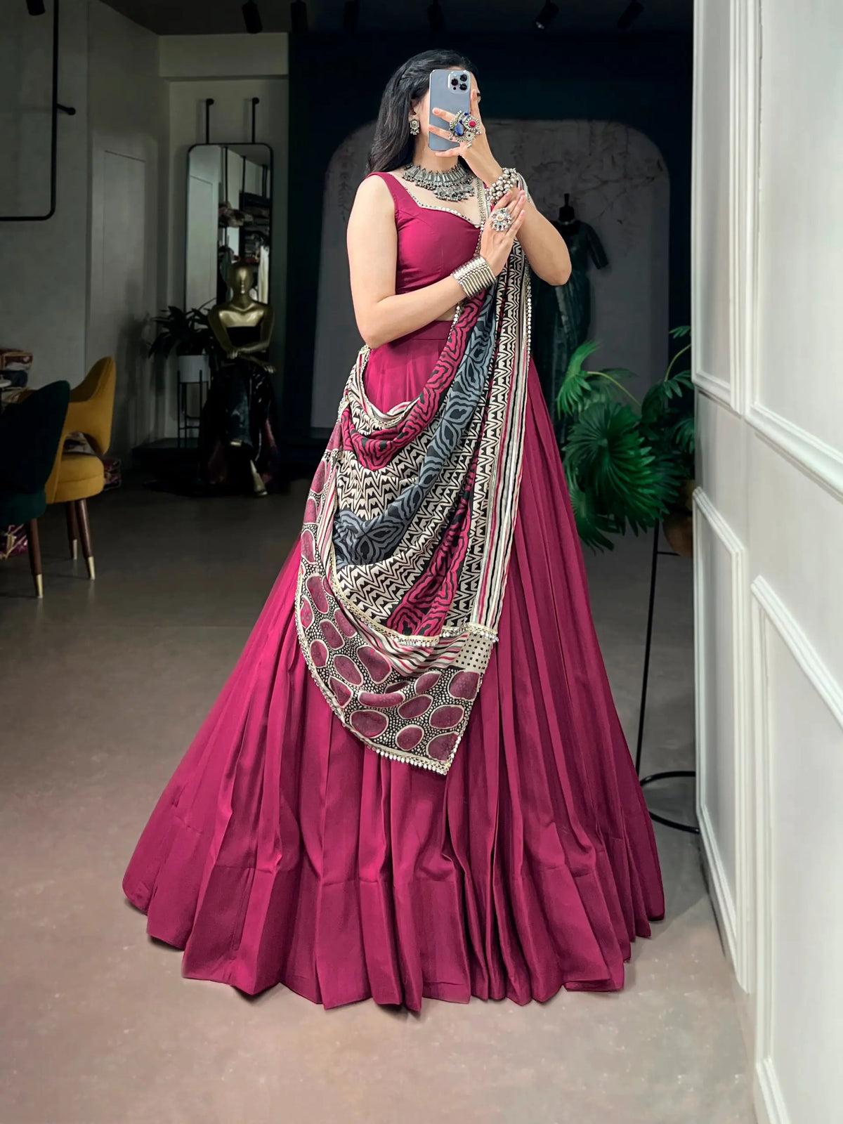 6 Meter Flair | Pink Garba Chaniya Choli With Printed Dupatta