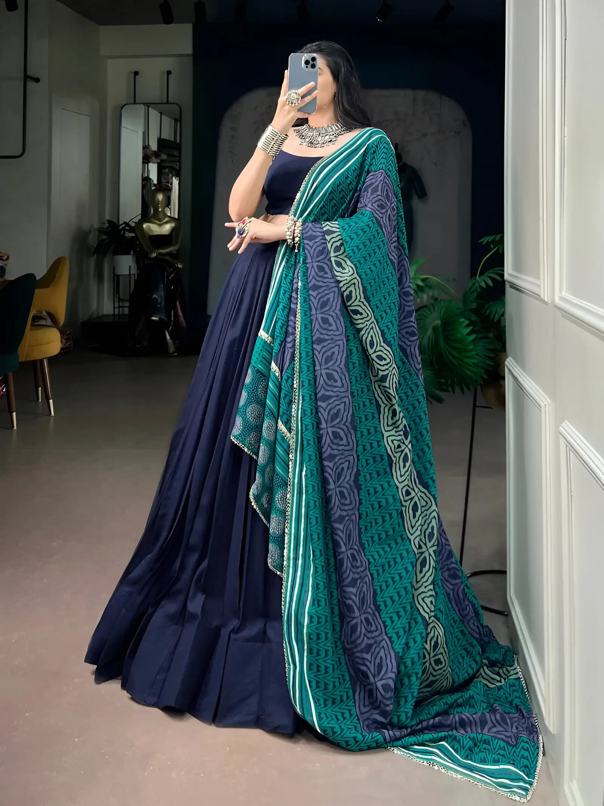 6 Meter Flair | Navy Blue Garba Chaniya Choli With Printed Dupatta