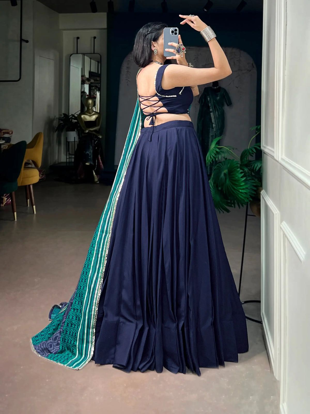 6 Meter Flair | Navy Blue Garba Chaniya Choli With Printed Dupatta