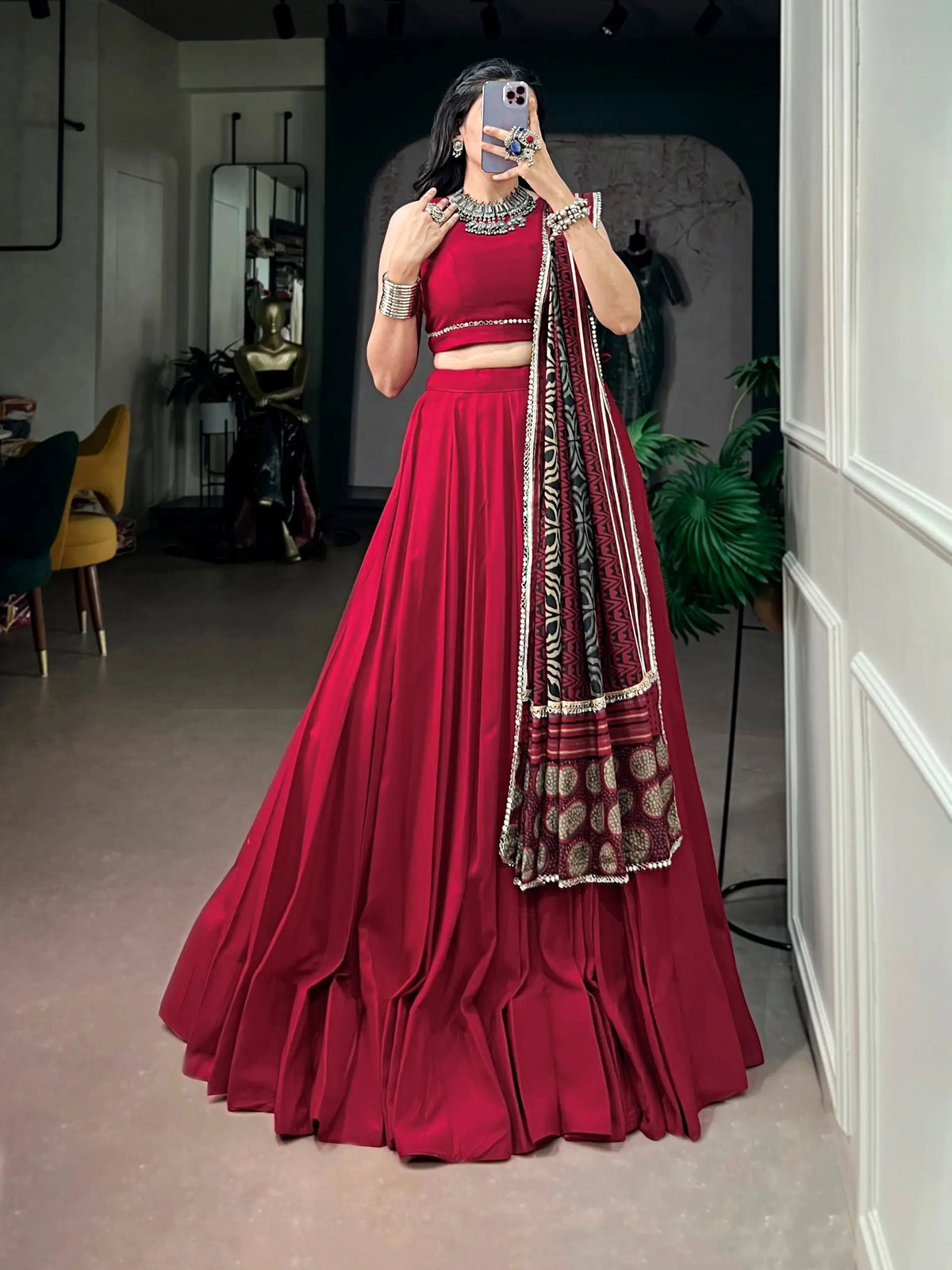 6 Meter Flair | Red Garba Chaniya Choli With Printed Dupatta