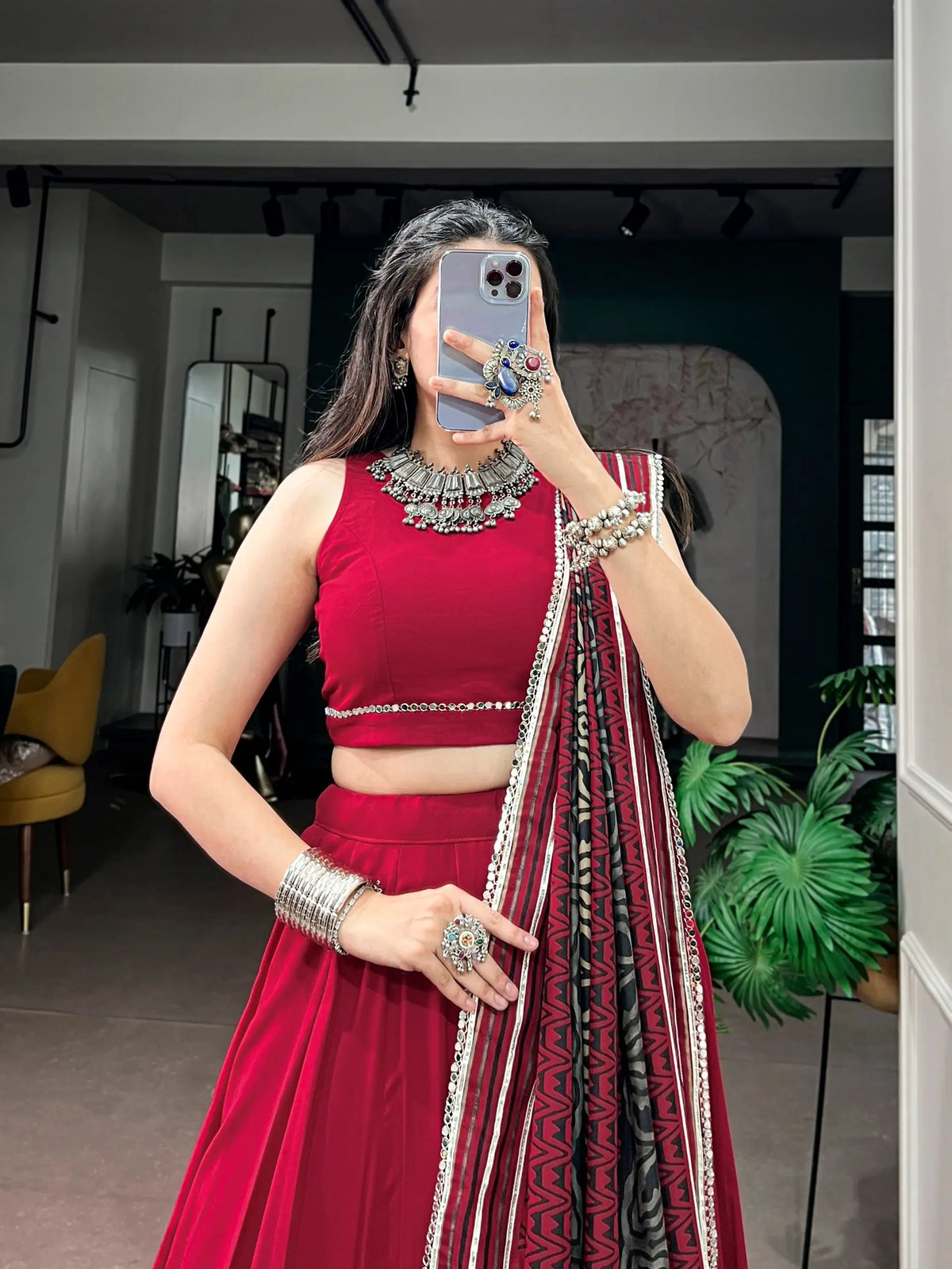 6 Meter Flair | Red Garba Chaniya Choli With Printed Dupatta