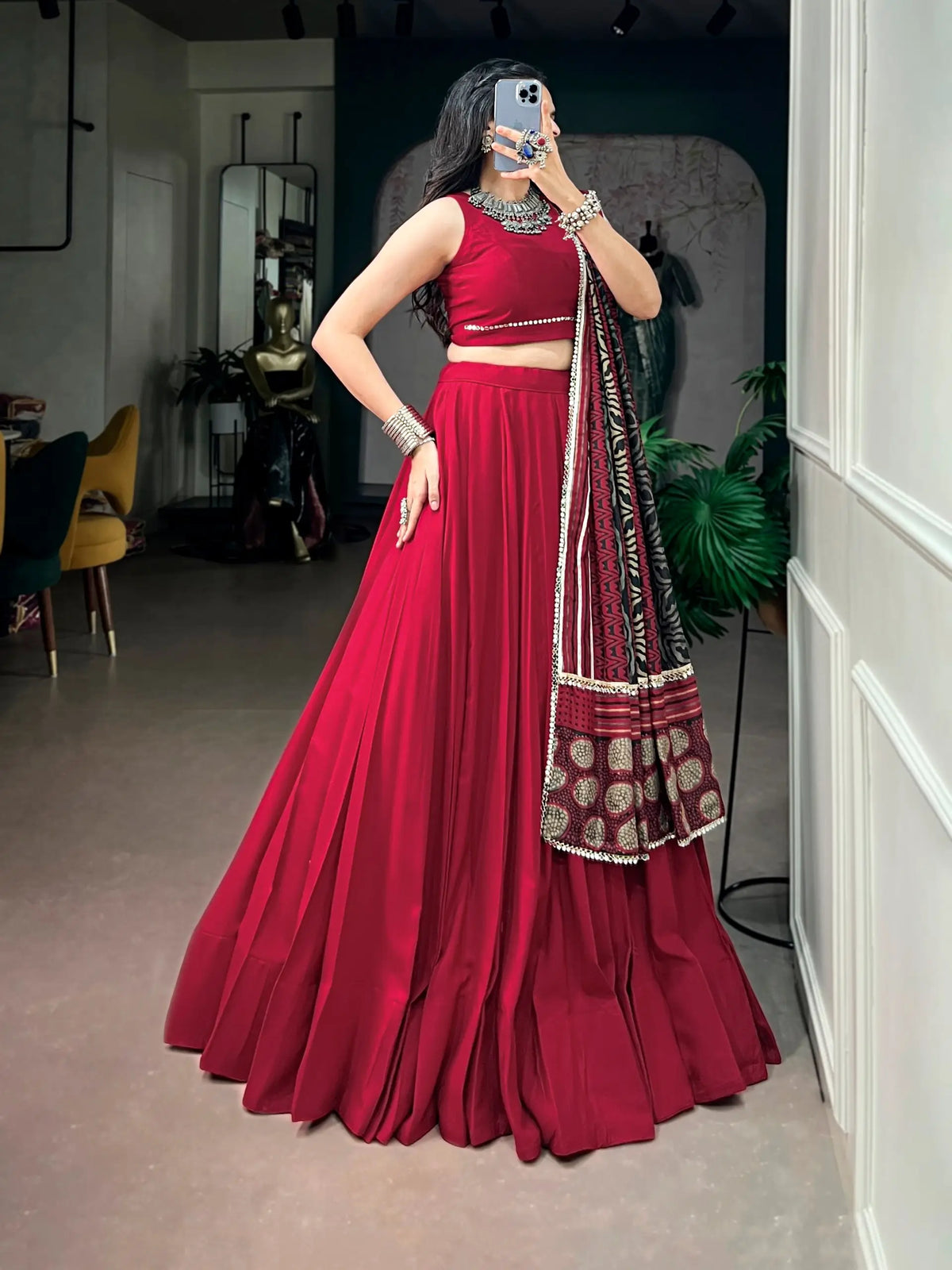 6 Meter Flair | Red Garba Chaniya Choli With Printed Dupatta
