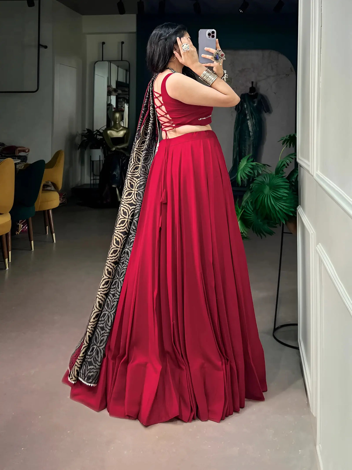 6 Meter Flair | Red Garba Chaniya Choli With Printed Dupatta