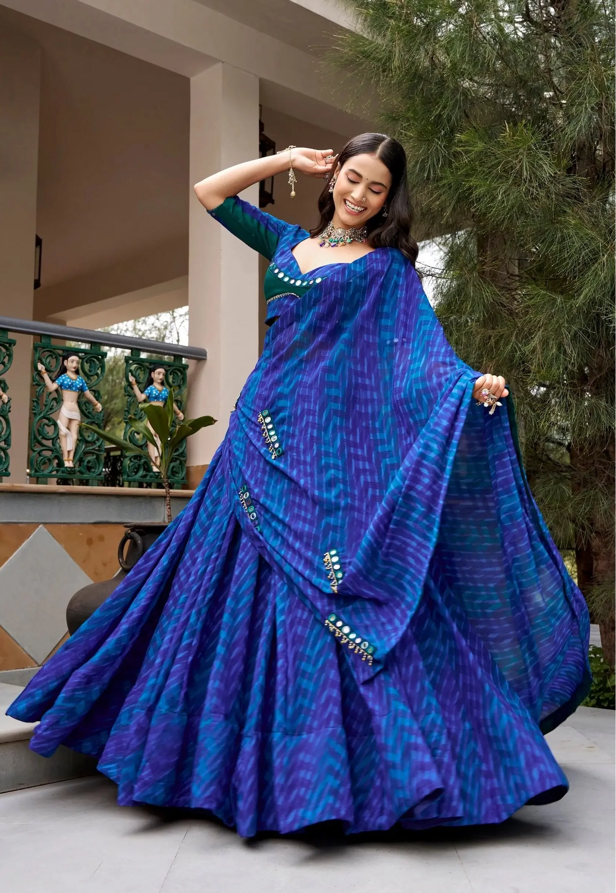 8 Meter Flair | Navy Blue Navratri Lehenga With Print & Mirror Work