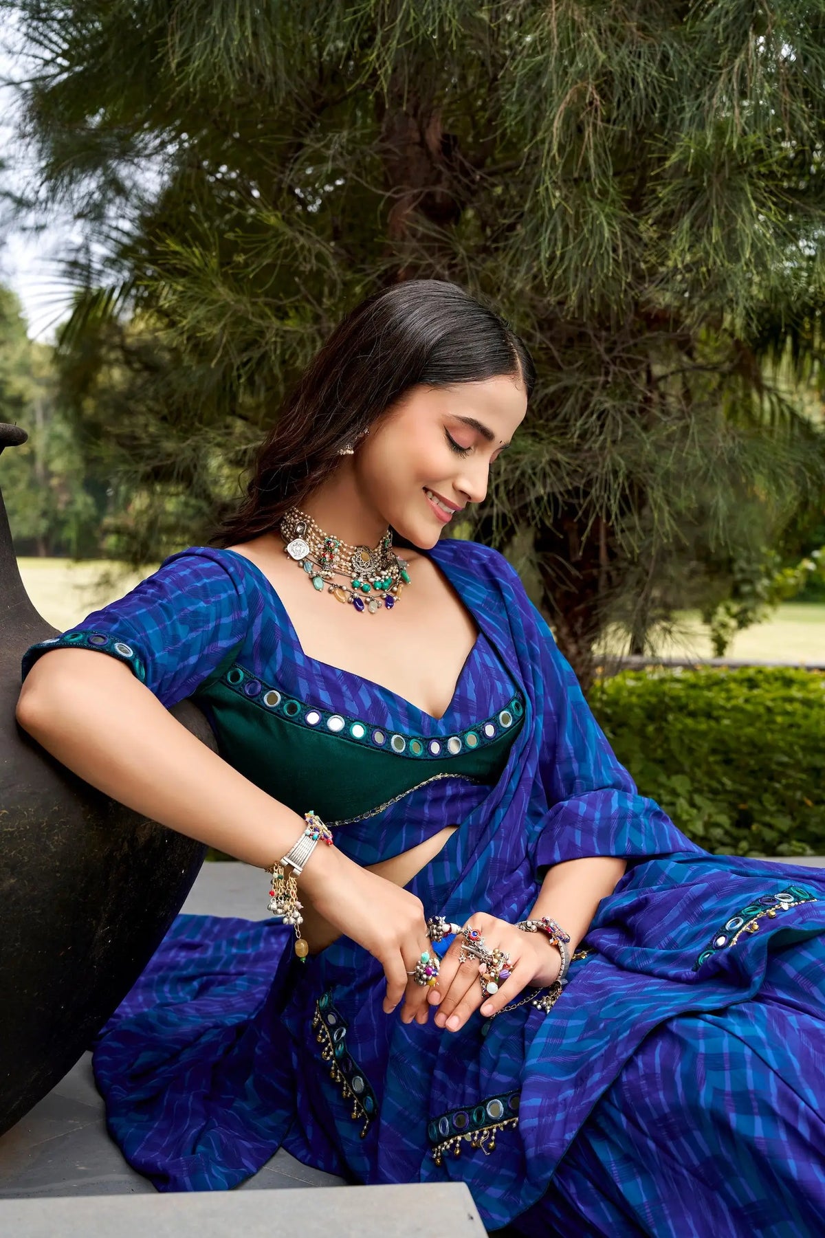 8 Meter Flair | Navy Blue Navratri Lehenga With Print & Mirror Work