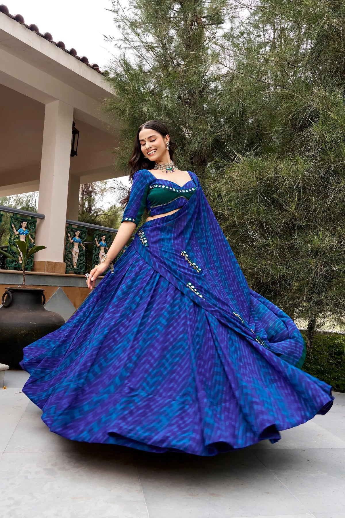 8 Meter Flair | Navy Blue Navratri Lehenga With Print & Mirror Work