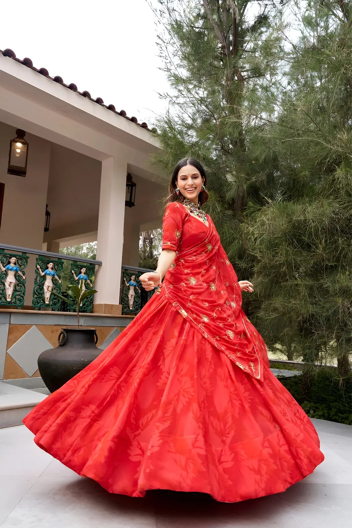 8 Meter Flair | Red Georgette Navratri Lehenga With Embroidery & Dupatta