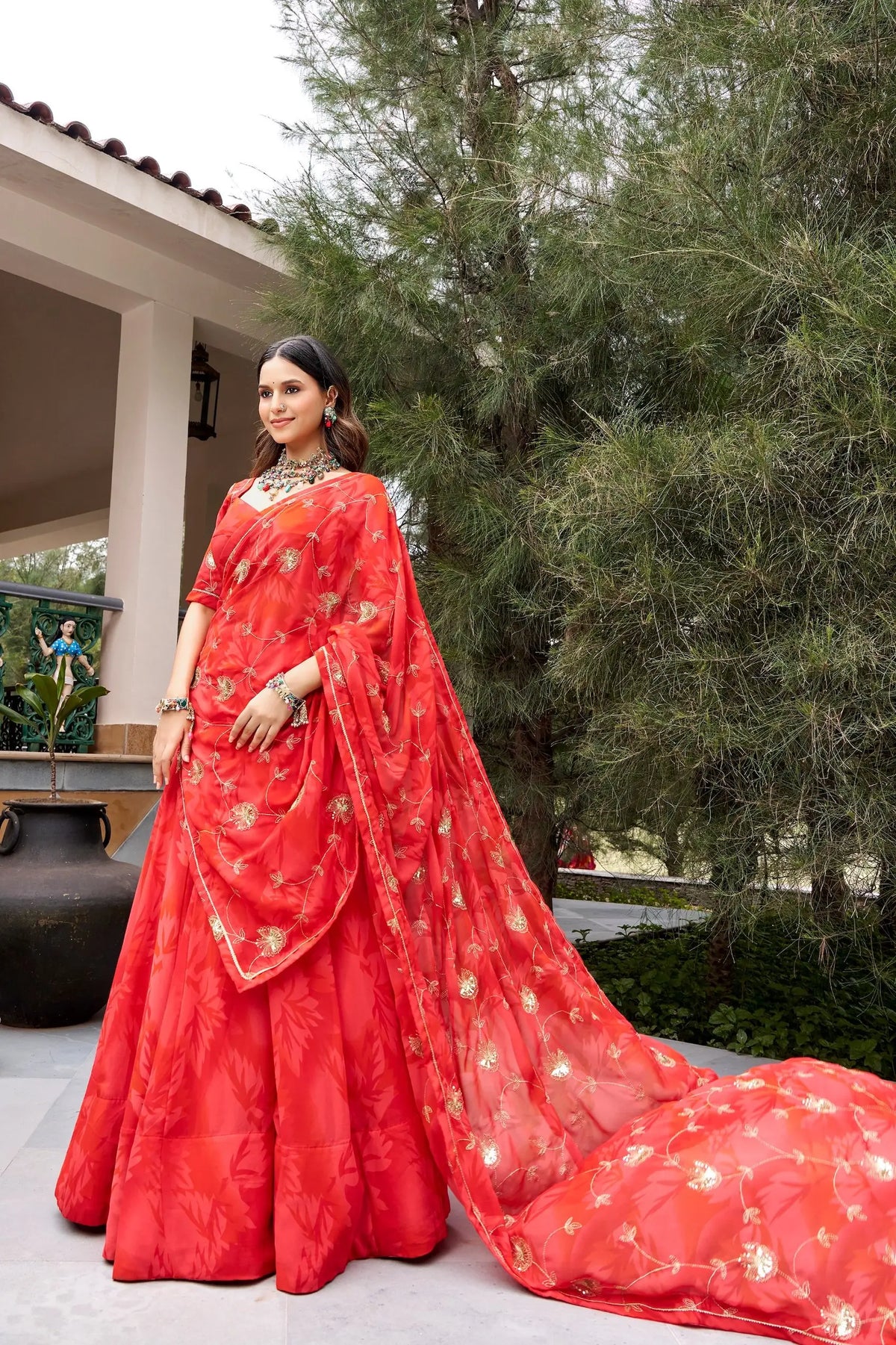 8 Meter Flair | Red Georgette Navratri Lehenga With Embroidery & Dupatta