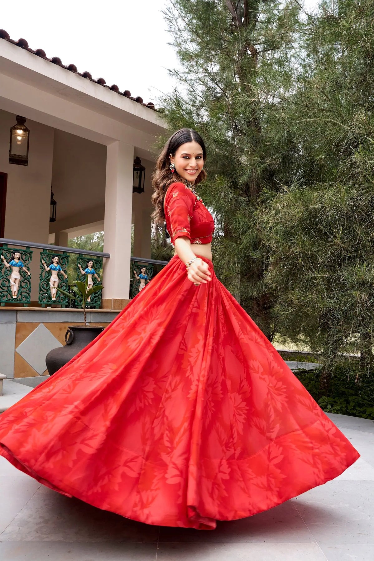8 Meter Flair | Red Georgette Navratri Lehenga With Embroidery & Dupatta