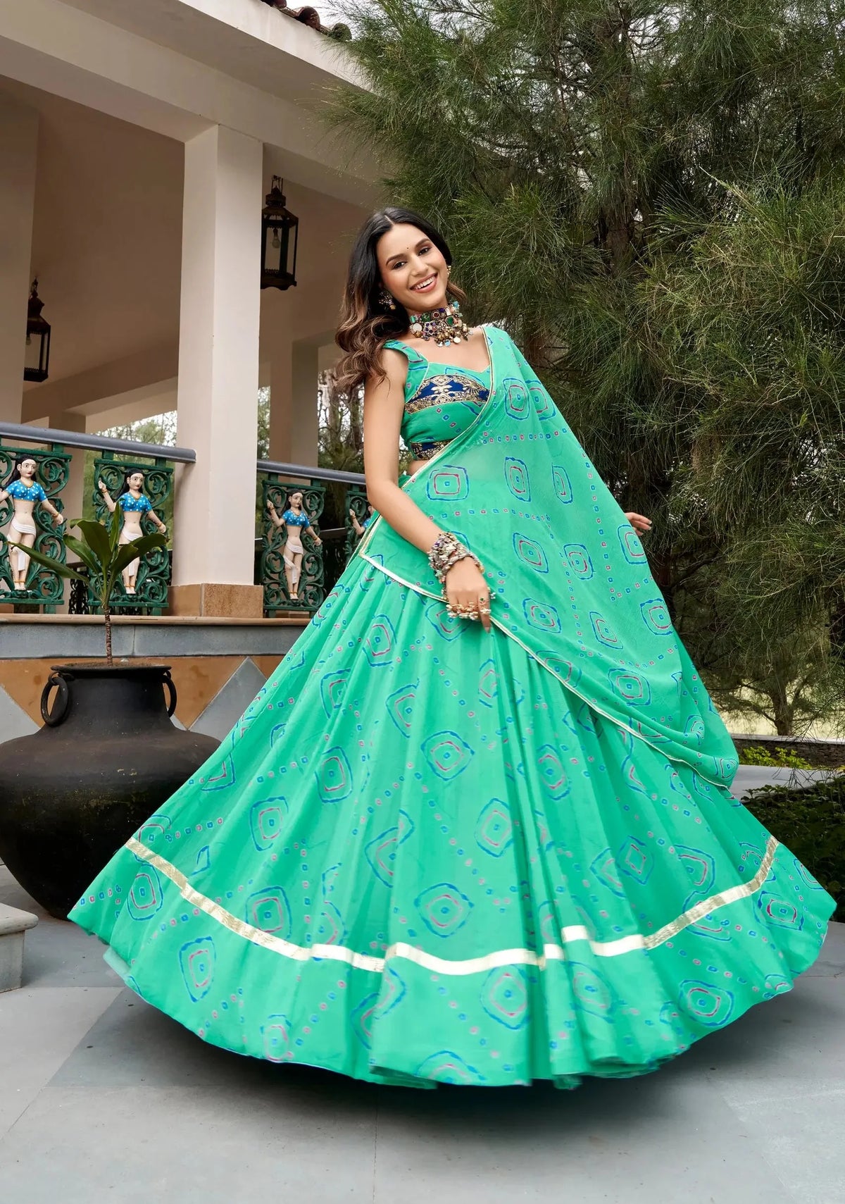 8 Meter Flair | Aqua Green Navratri Lehenga With Bandhej Print & Gota Patti