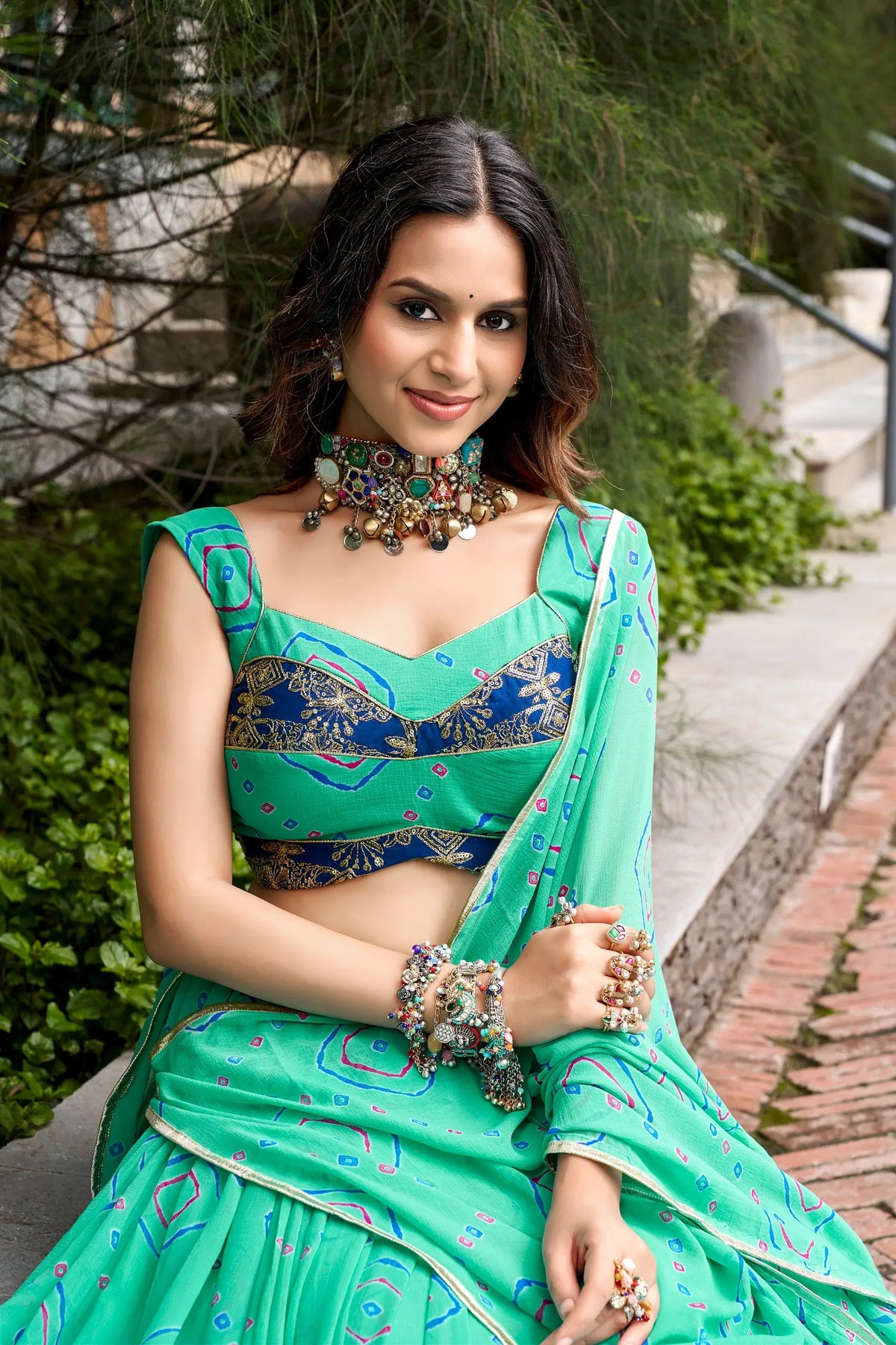 8 Meter Flair | Aqua Green Navratri Lehenga With Bandhej Print & Gota Patti