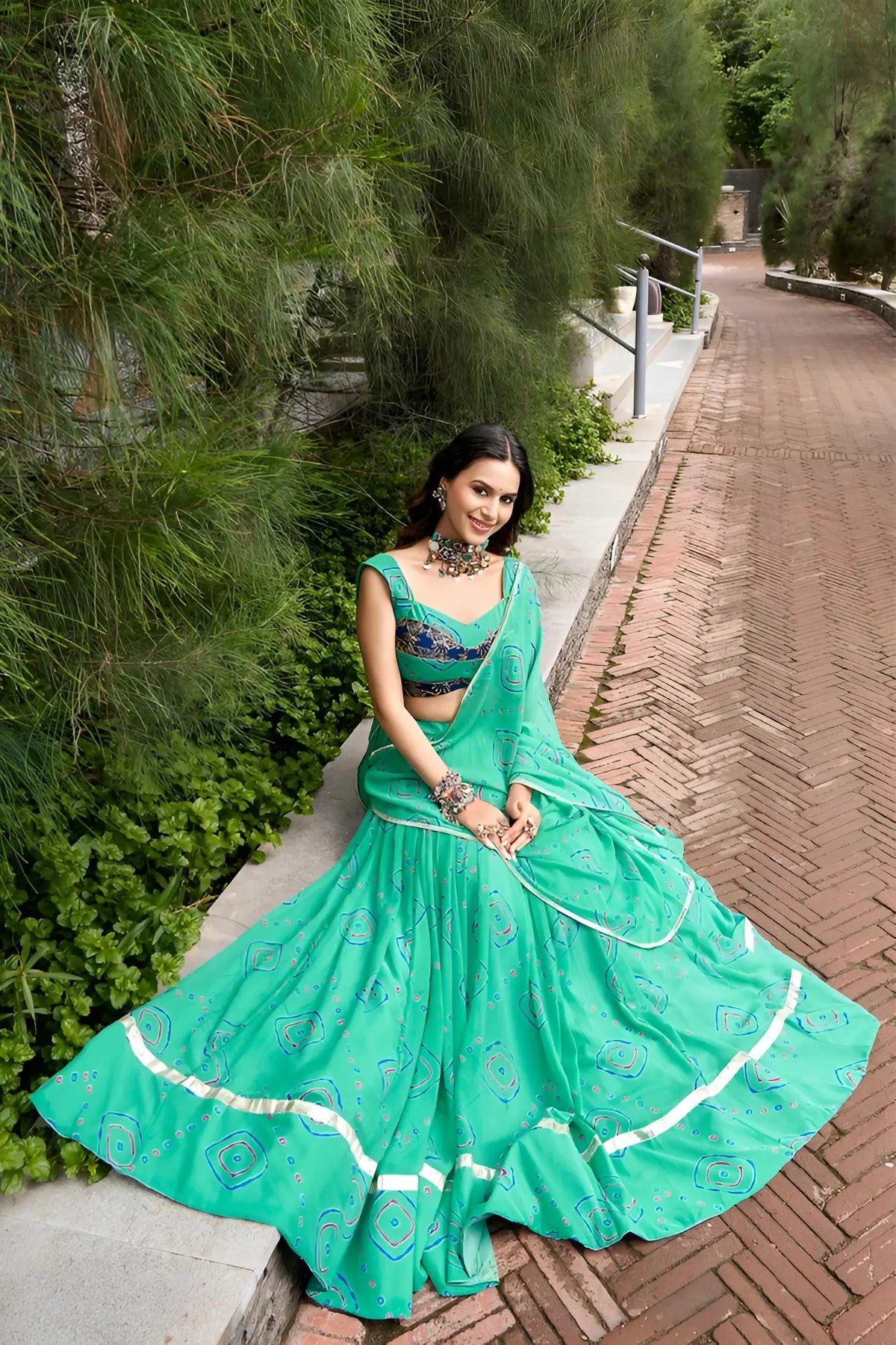 8 Meter Flair | Aqua Green Navratri Lehenga With Bandhej Print & Gota Patti