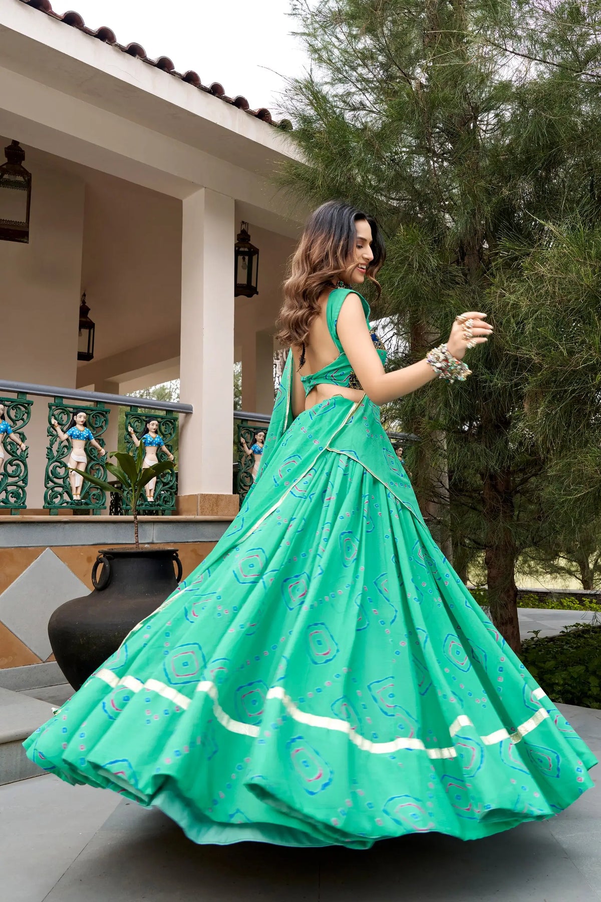 8 Meter Flair | Aqua Green Navratri Lehenga With Bandhej Print & Gota Patti