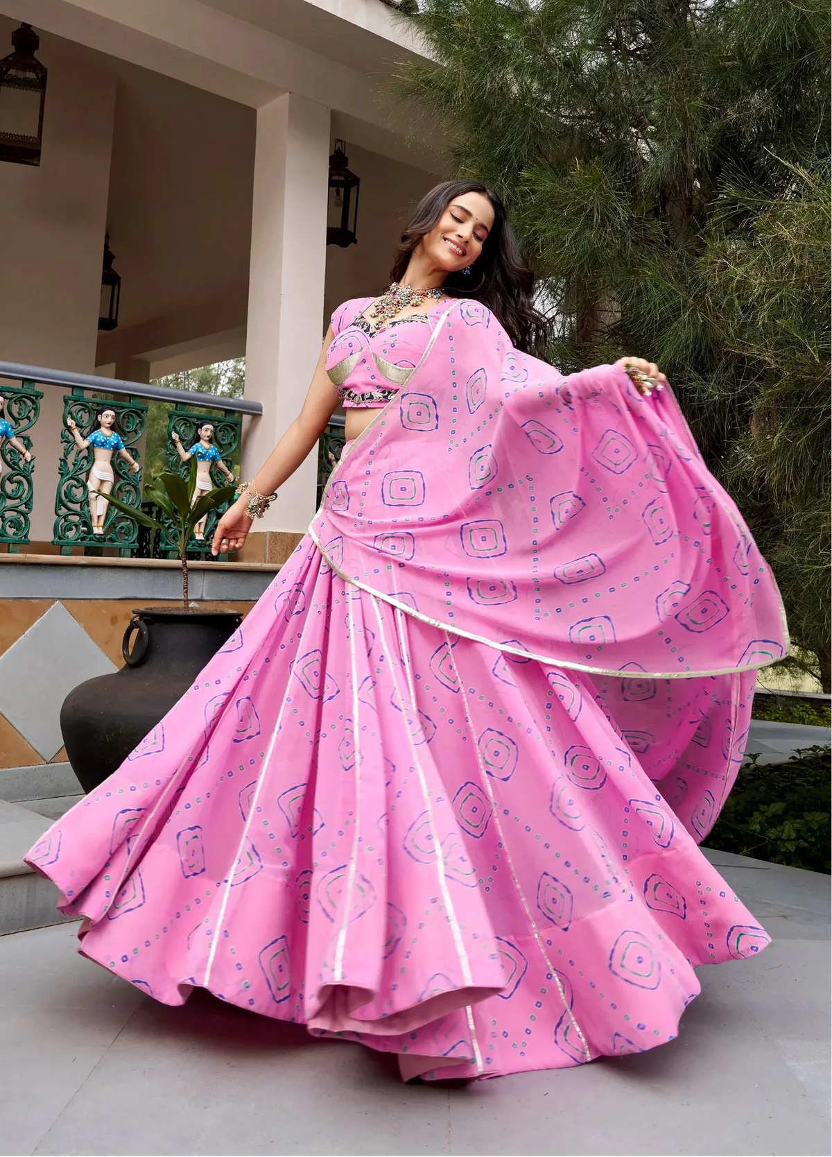 8 Meter Flair | Light Pink Navratri Lehenga With Bandhej Print & Gota Patti