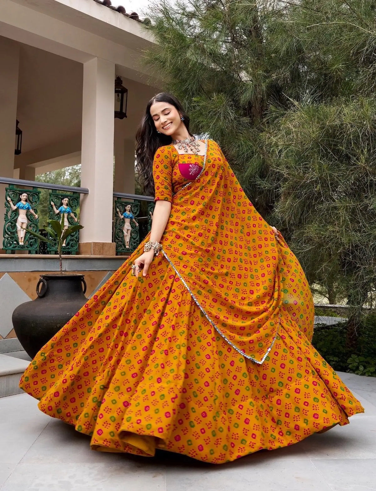 8 Meter Flair | Mustard Bandhej Print Garba Chaniya Choli