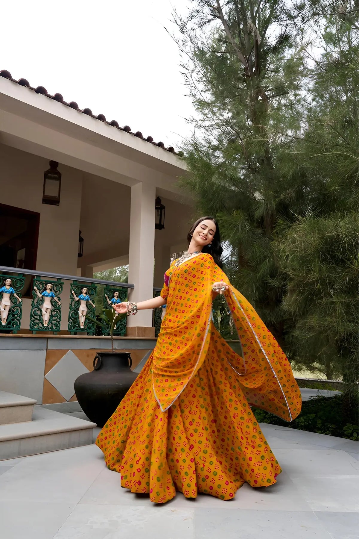 8 Meter Flair | Mustard Bandhej Print Garba Chaniya Choli