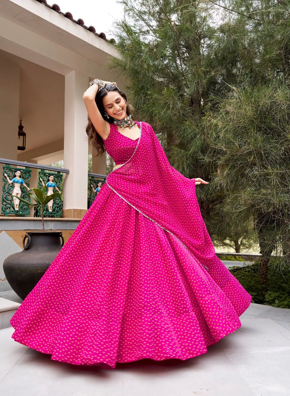 8 Meter Flair | Pink Bandhej Print Garba Chaniya Choli