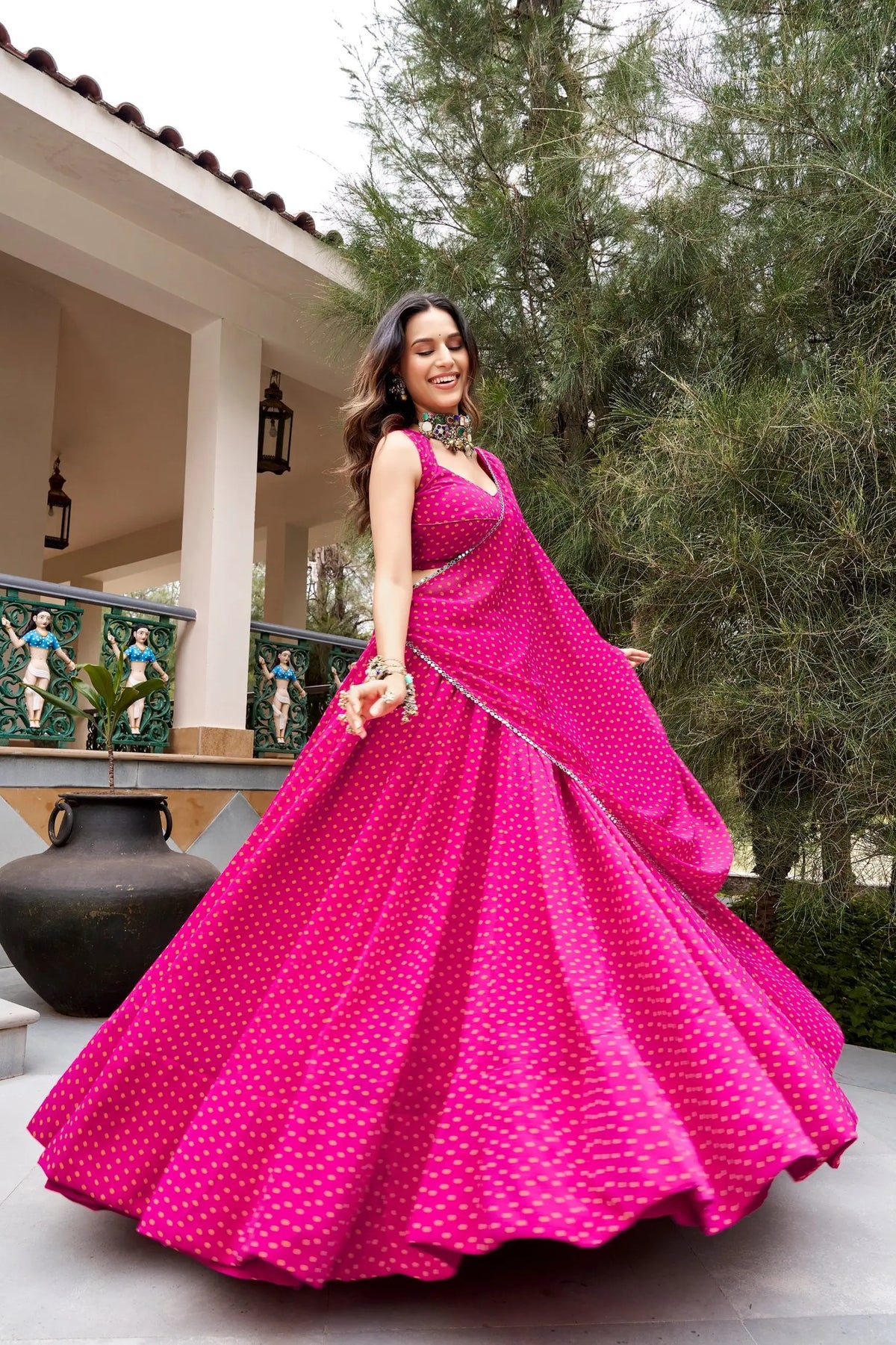 8 Meter Flair | Pink Bandhej Print Garba Chaniya Choli